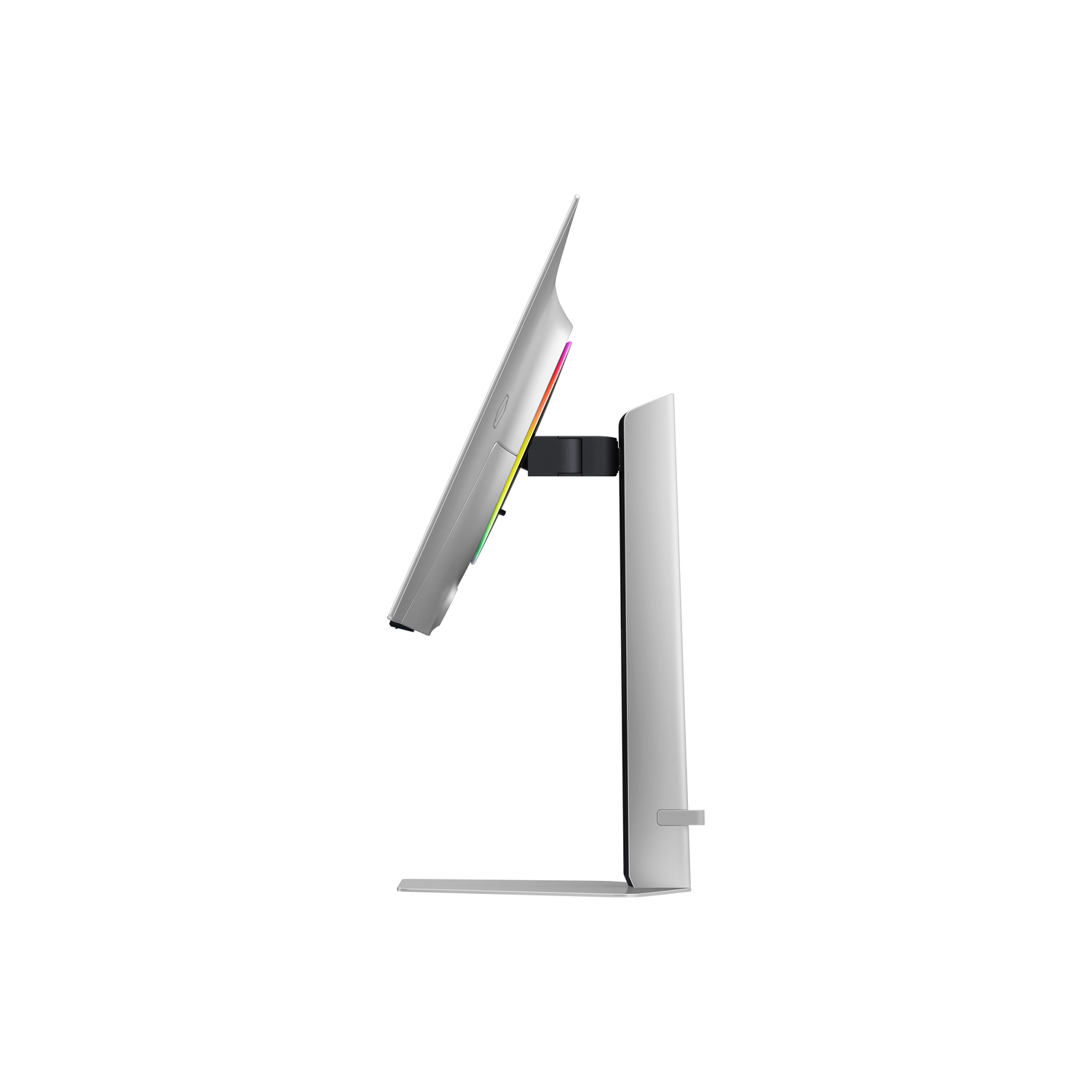 Zijaanzicht van een zilveren monitor met een standaard, met het ontwerp en de LED-verlichting.