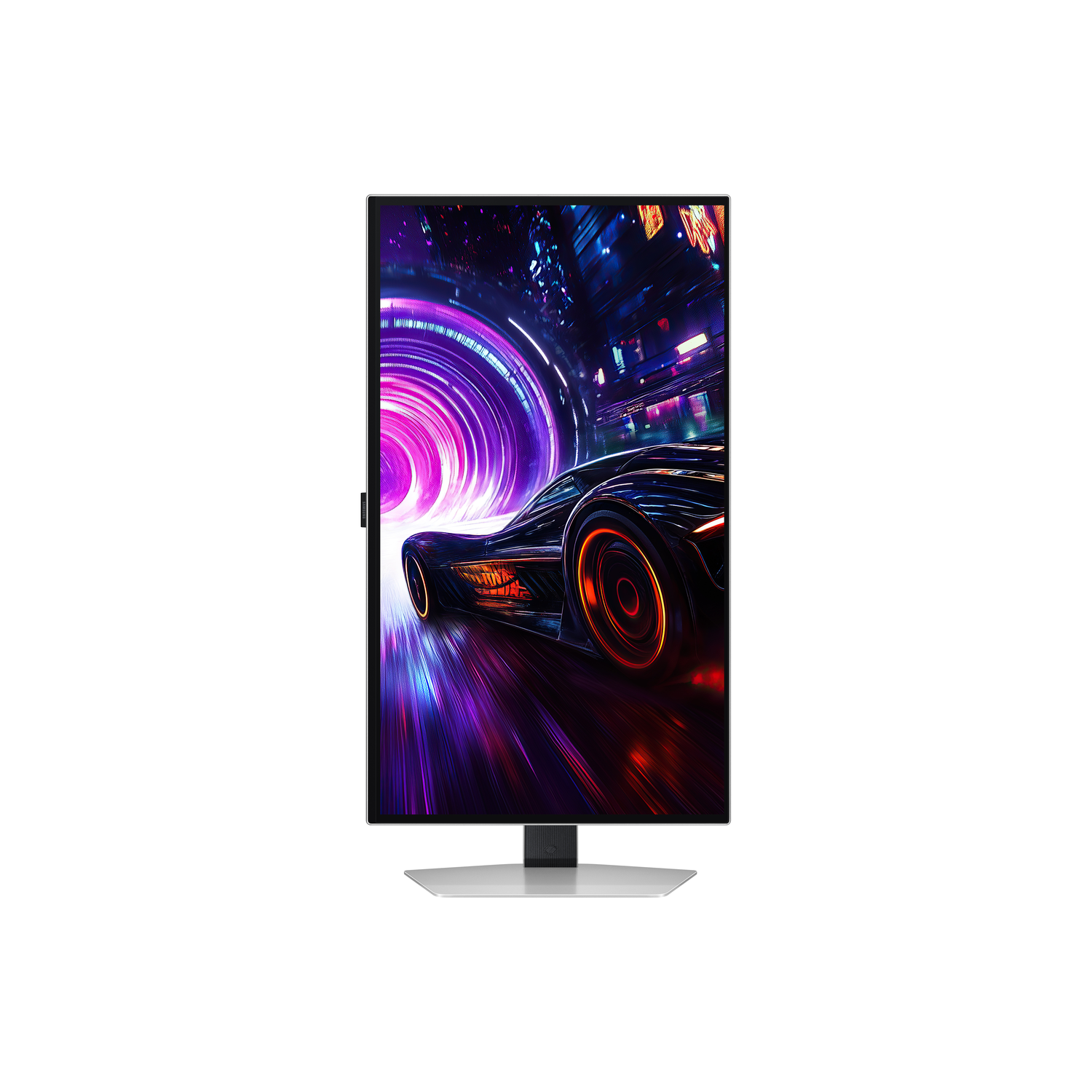 Computermonitor toont een futuristische autoracescène met neonlichten.