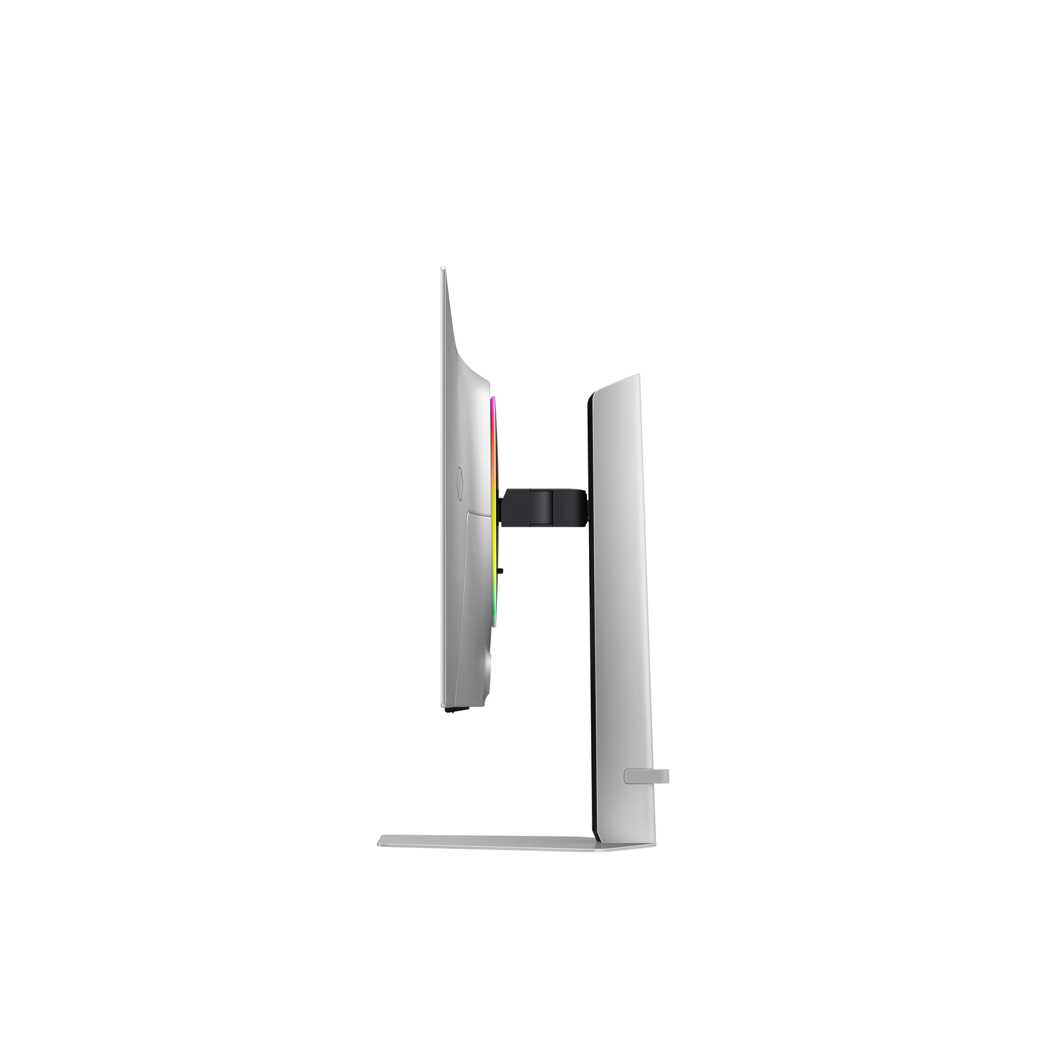 Zijaanzicht van een zilveren en witte monitor, met standaard, geïsoleerd op een witte achtergrond.
