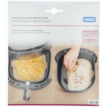 Schutzfolien für Heißluftfritteusen, zeigt Pommes und eine Hand.