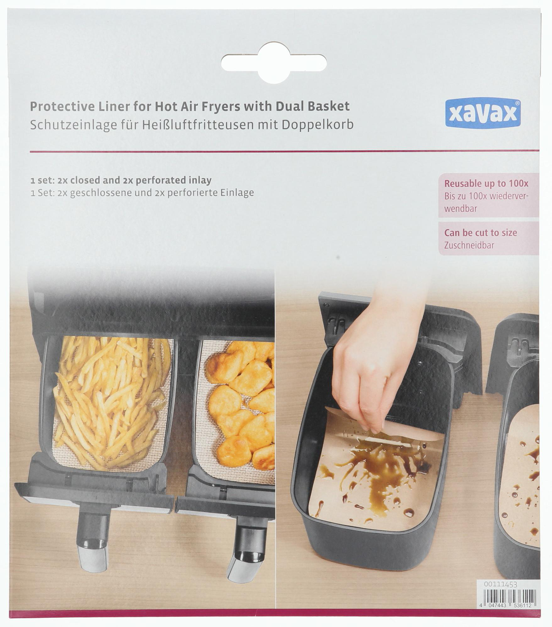 Verpackung von Heißluftfritteusen-Einlagen, mit den Einlagen und Essen im Frittierer.