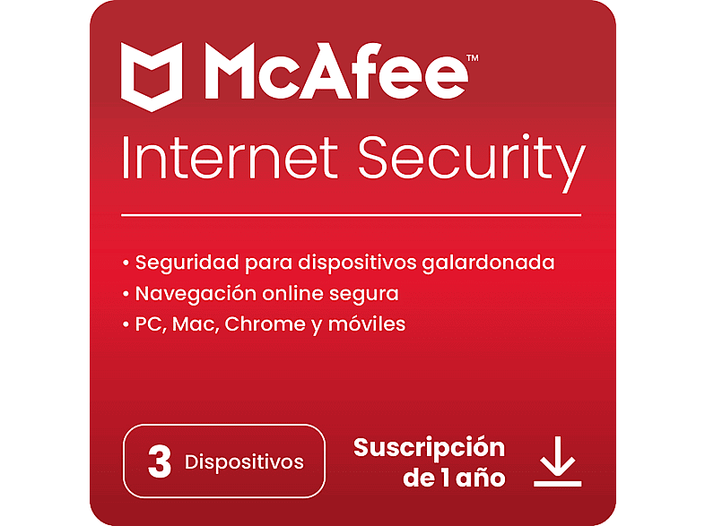 Antivirus - McAfee®Internet Security, Software para 3 dispositivos, Suscripción 1 año, Código de descarga