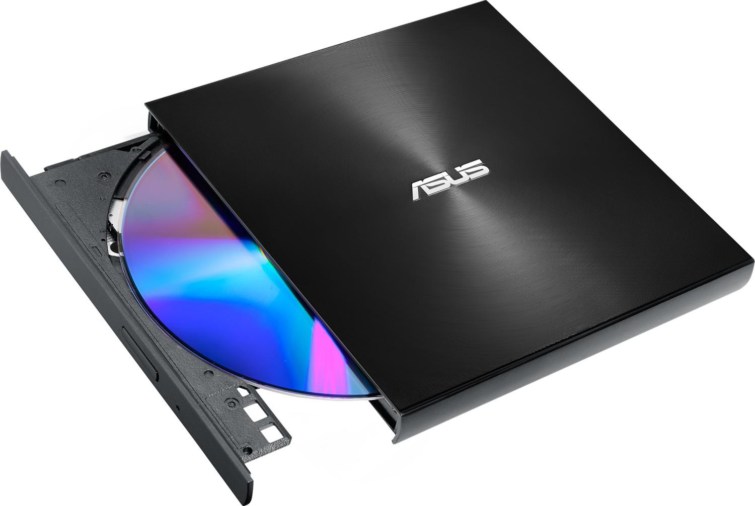 Ein schwarzes ASUS DVD-Laufwerk mit teilweise eingelegter Disc und ASUS-Logo.