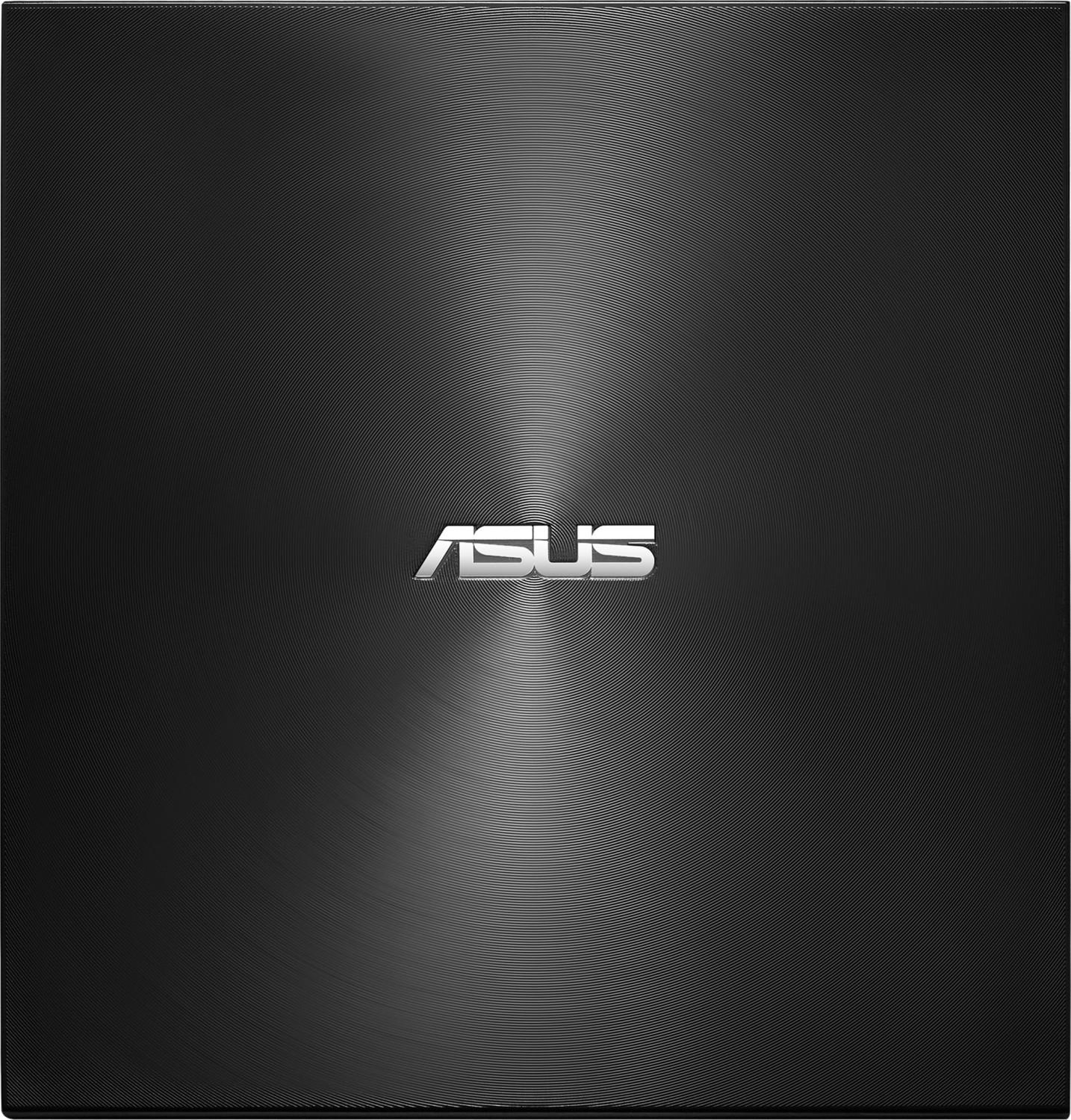 Schwarzer Laptopdeckel mit konzentrischen Kreisen. Silbernes ASUS-Logo in der Mitte. Dunkle, strukturierte Oberfläche.