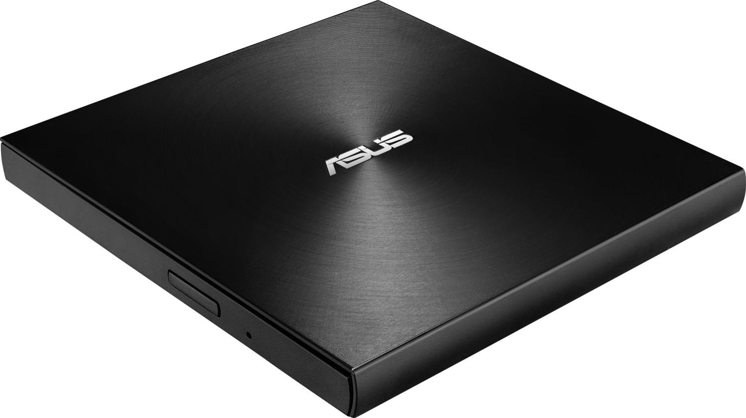 Schwarzes externes ASUS DVD-Laufwerk. Schlankes, rechteckiges Design. ASUS-Logo sichtbar.