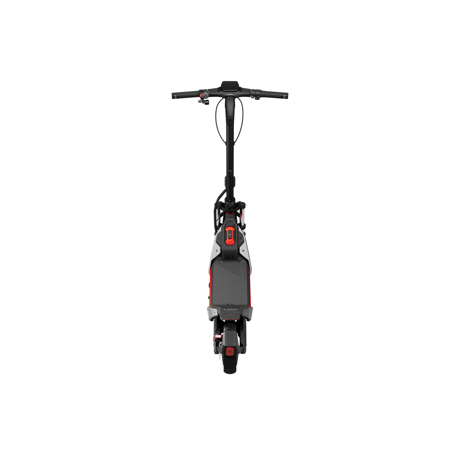 Une trottinette électrique vue d'en haut, avec guidon, tige, plateau rouge et roue.