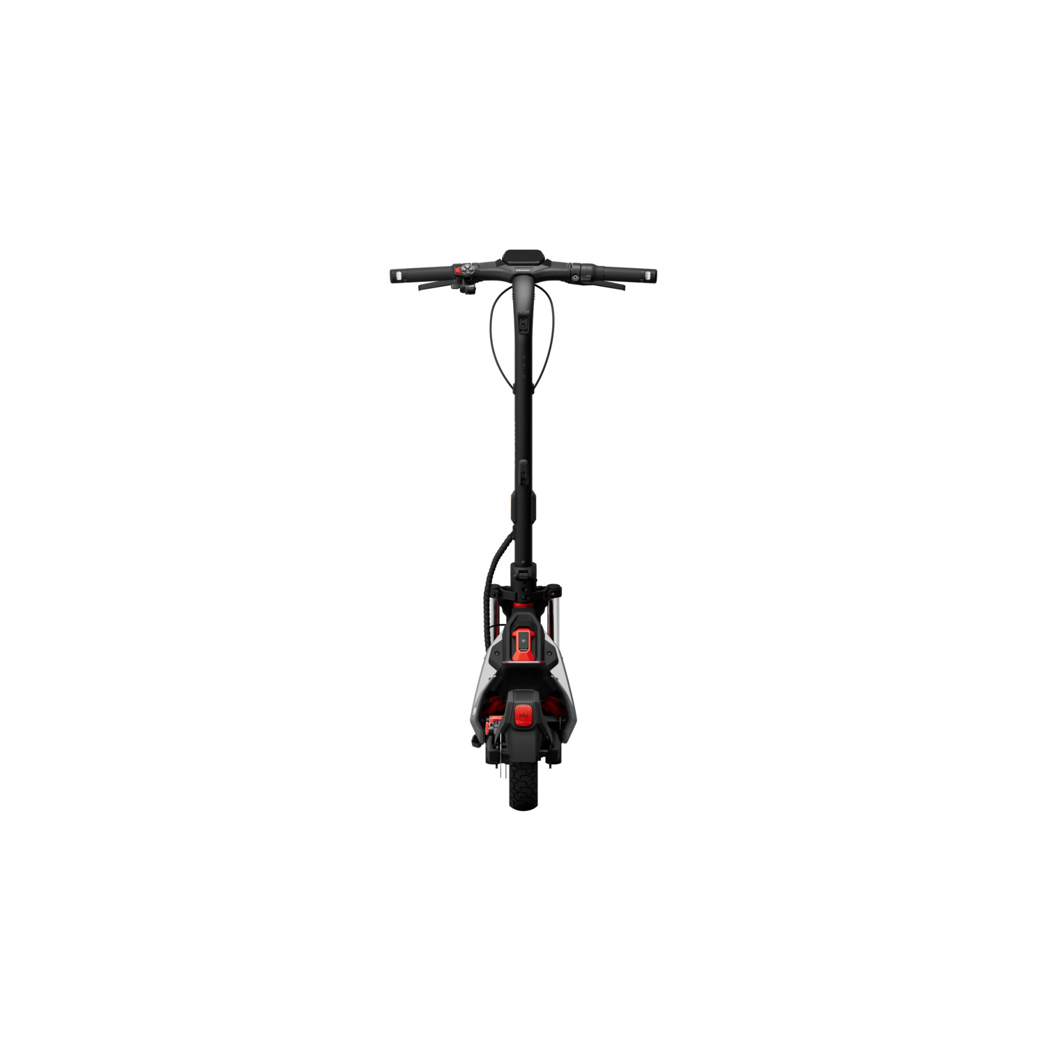 Une trottinette électrique vue de derrière. Elle a un cadre noir, des accents rouges et une seule roue noire.