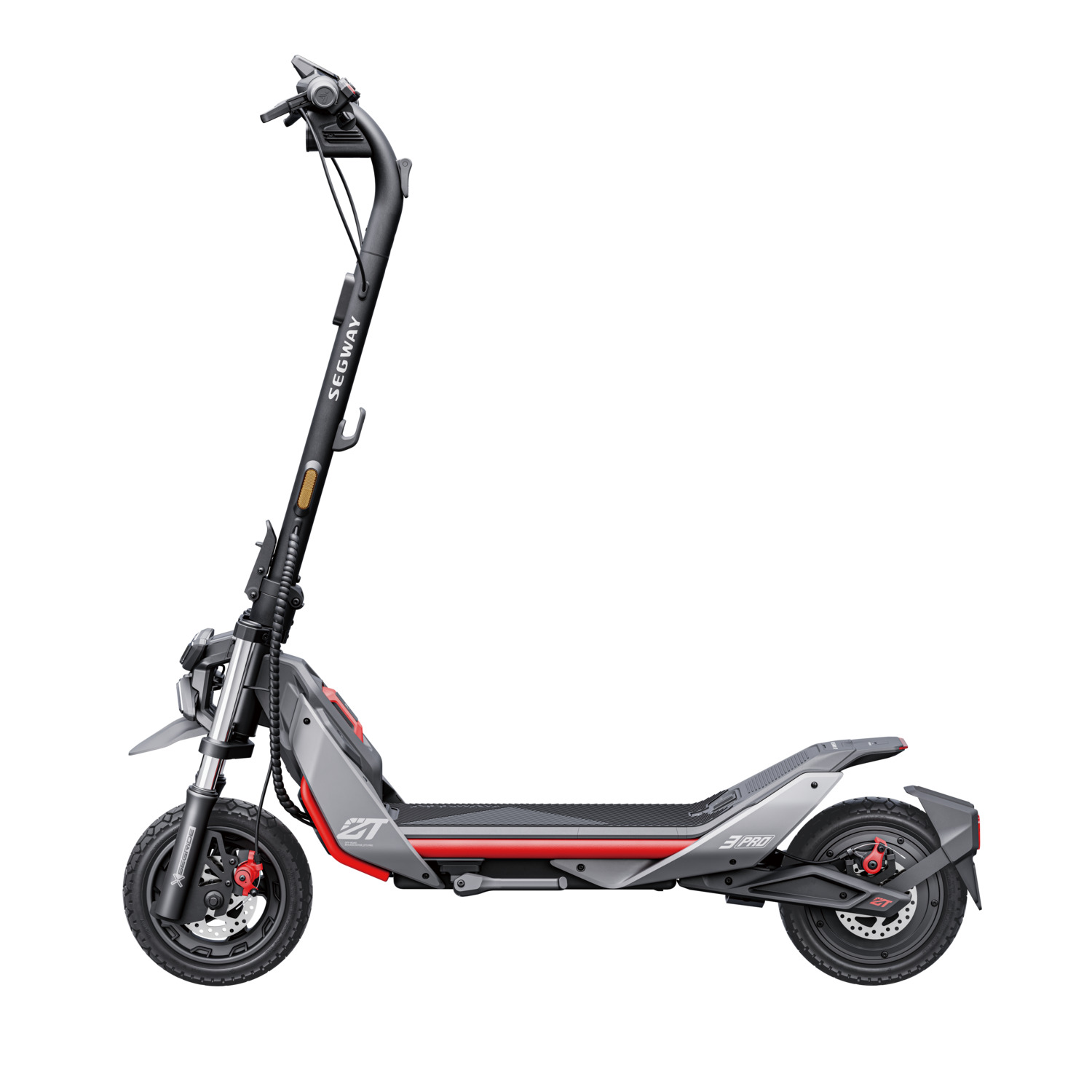 Trottinette électrique Segway grise et rouge. Elle possède un guidon haut, une plateforme pour les pieds et deux roues.