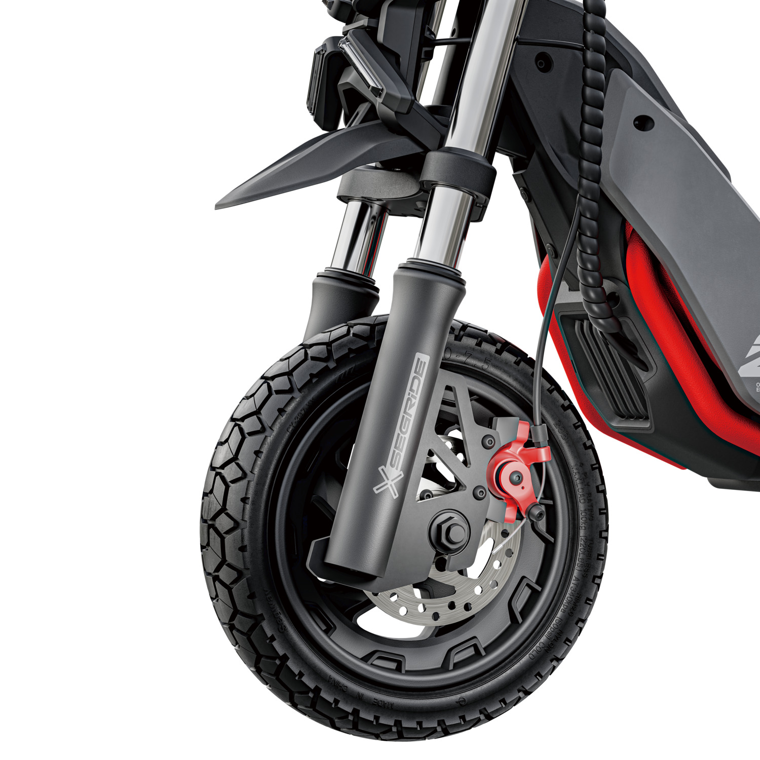 Gros plan sur la roue d'un e-scooter noir et gris, frein rouge, et nom de la marque.