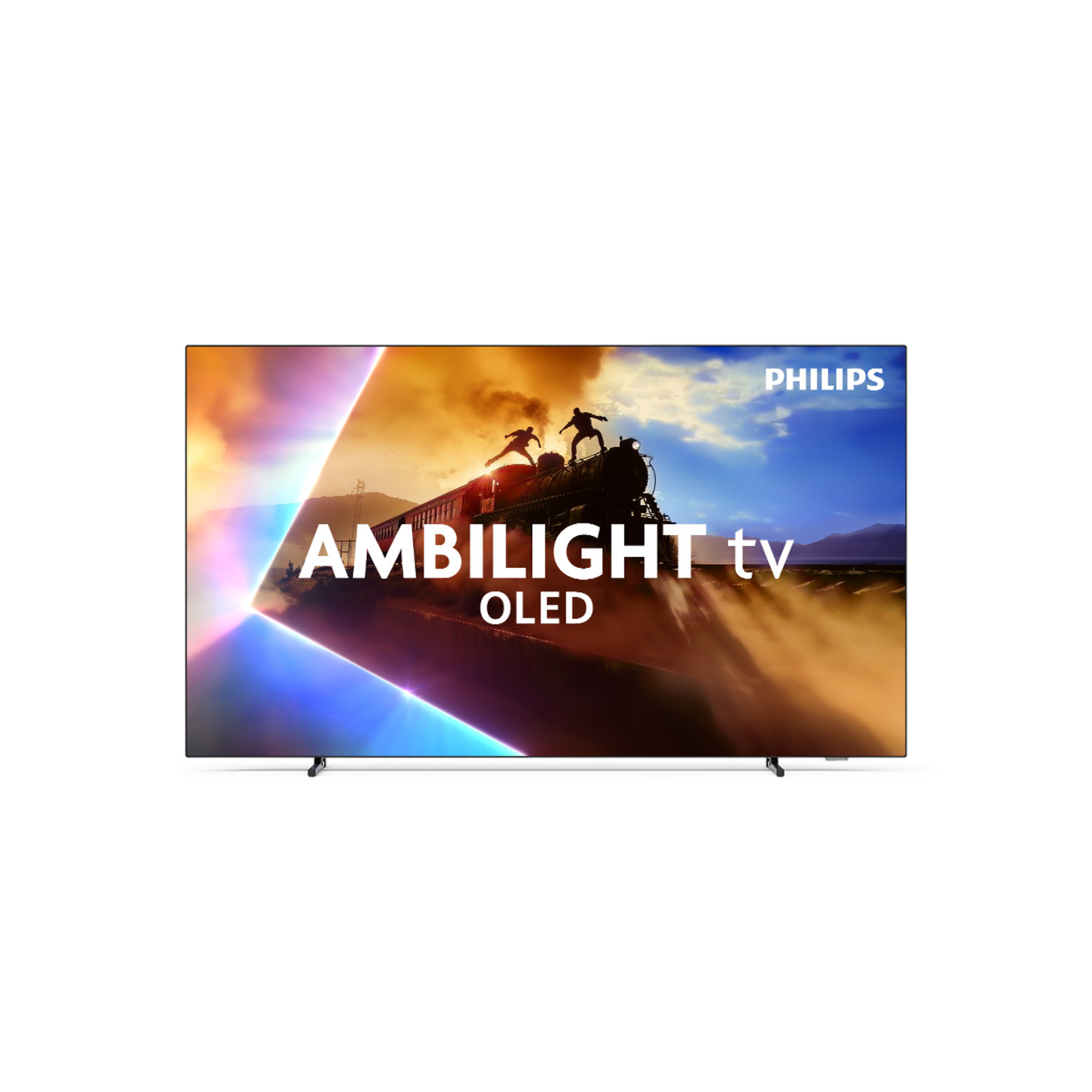 Un téléviseur Philips Ambilight OLED affichant une scène colorée avec un train et des personnages.