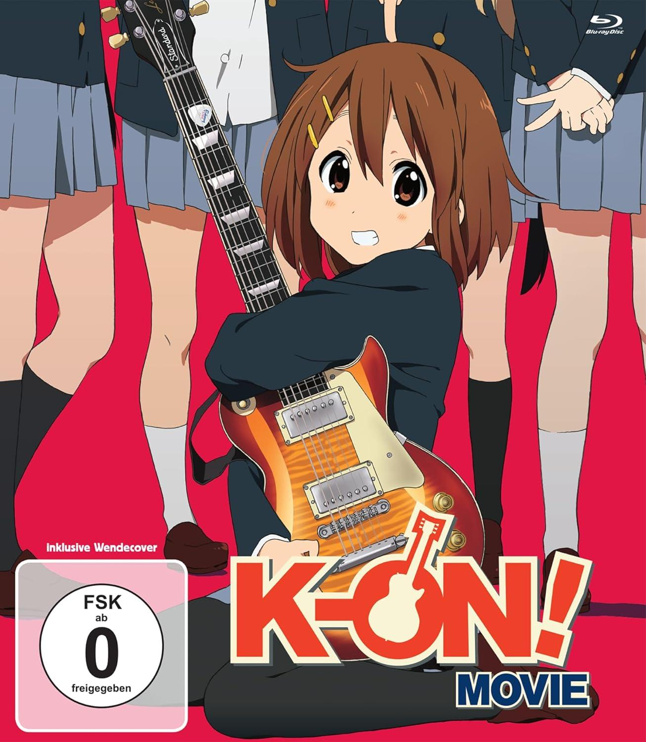 Anime-Cover von K-ON! Movie. Ein Mädchen mit Gitarre im Vordergrund. Roter Hintergrund.