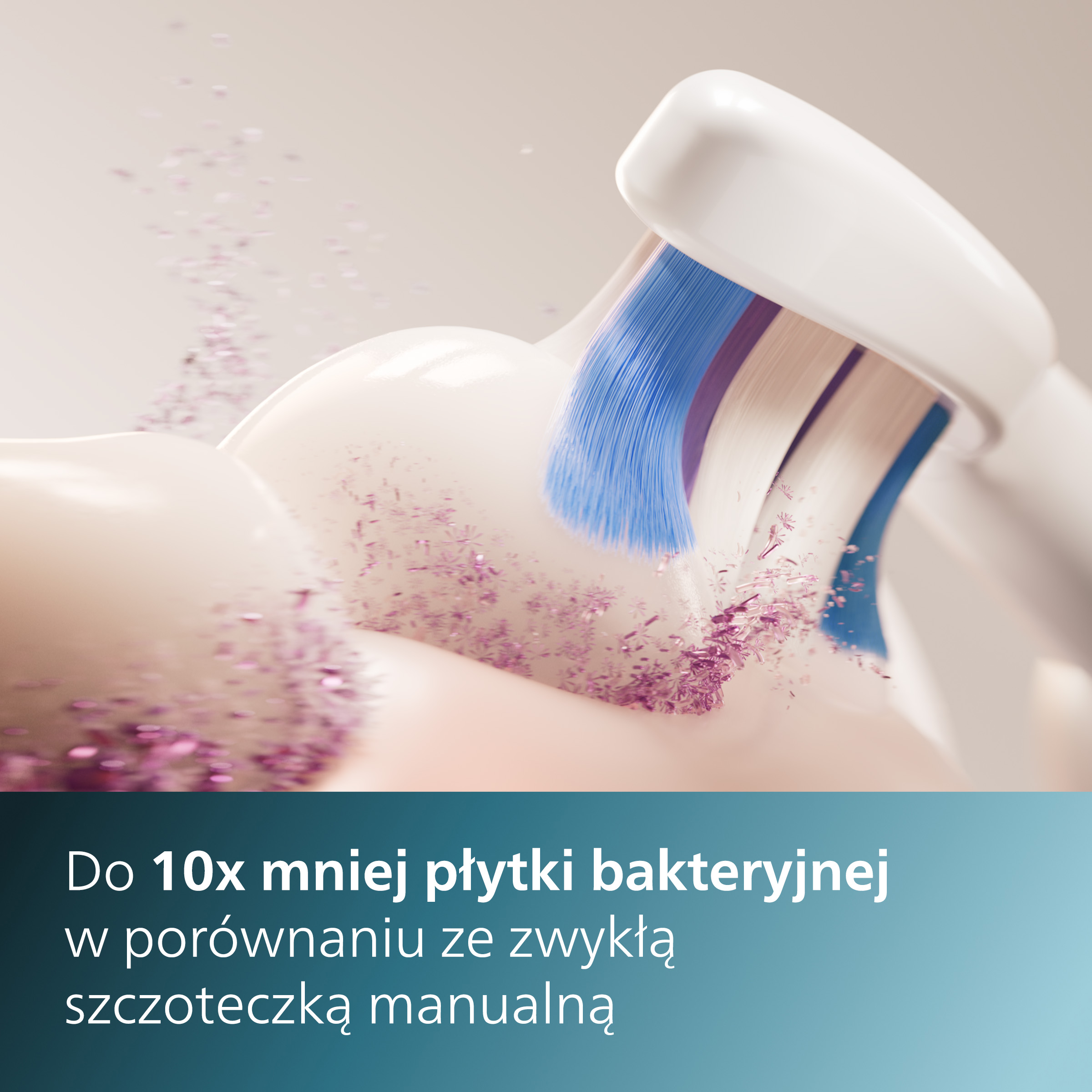Szczoteczka do zębów czyszcząca zęby, z tekstem 'Do 10x mniej płytki bakteryjnej'.