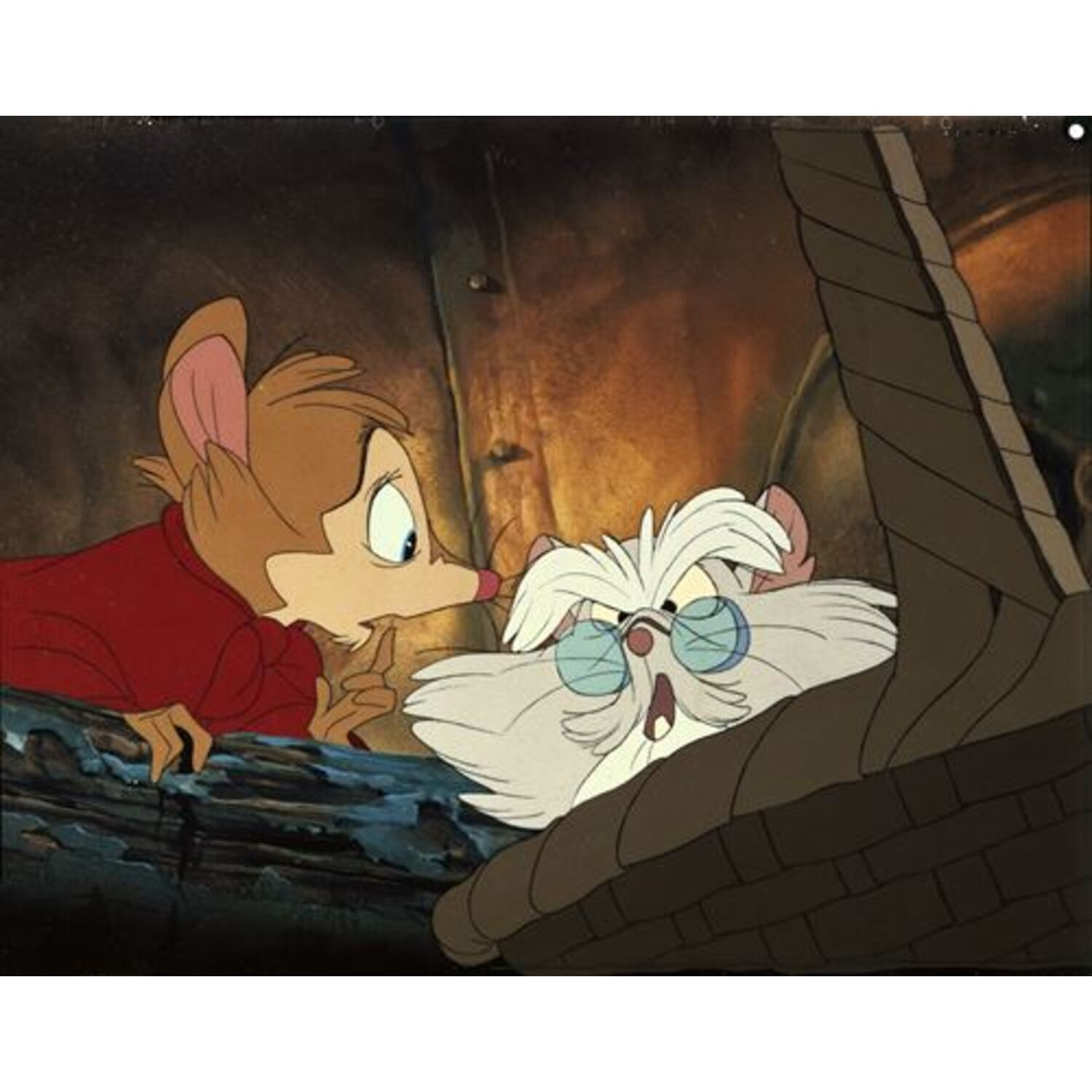 Two cartoon mice in a dark setting. One mouse is wearing glasses and the other a red shirt.
