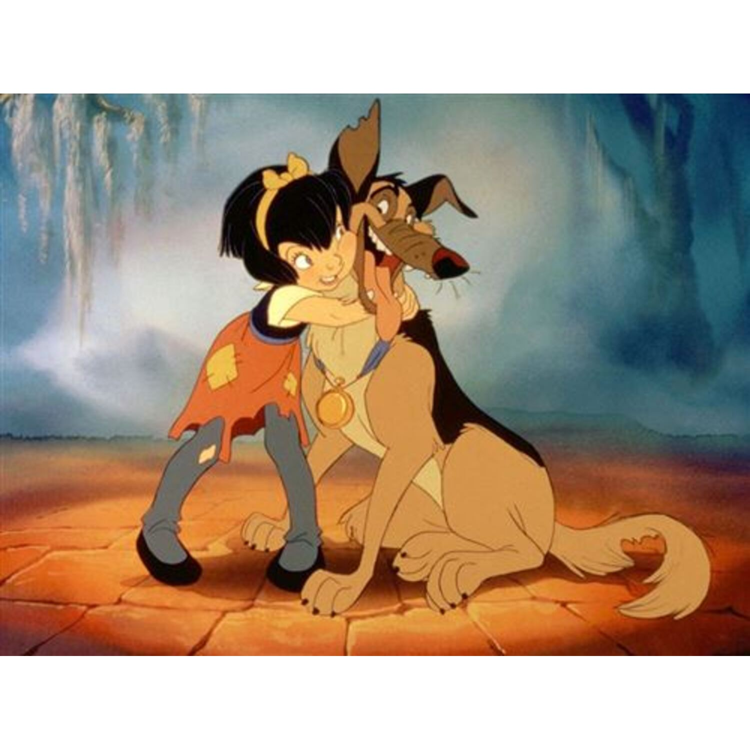 A girl hugs a dog with a gold medal in a cartoon.