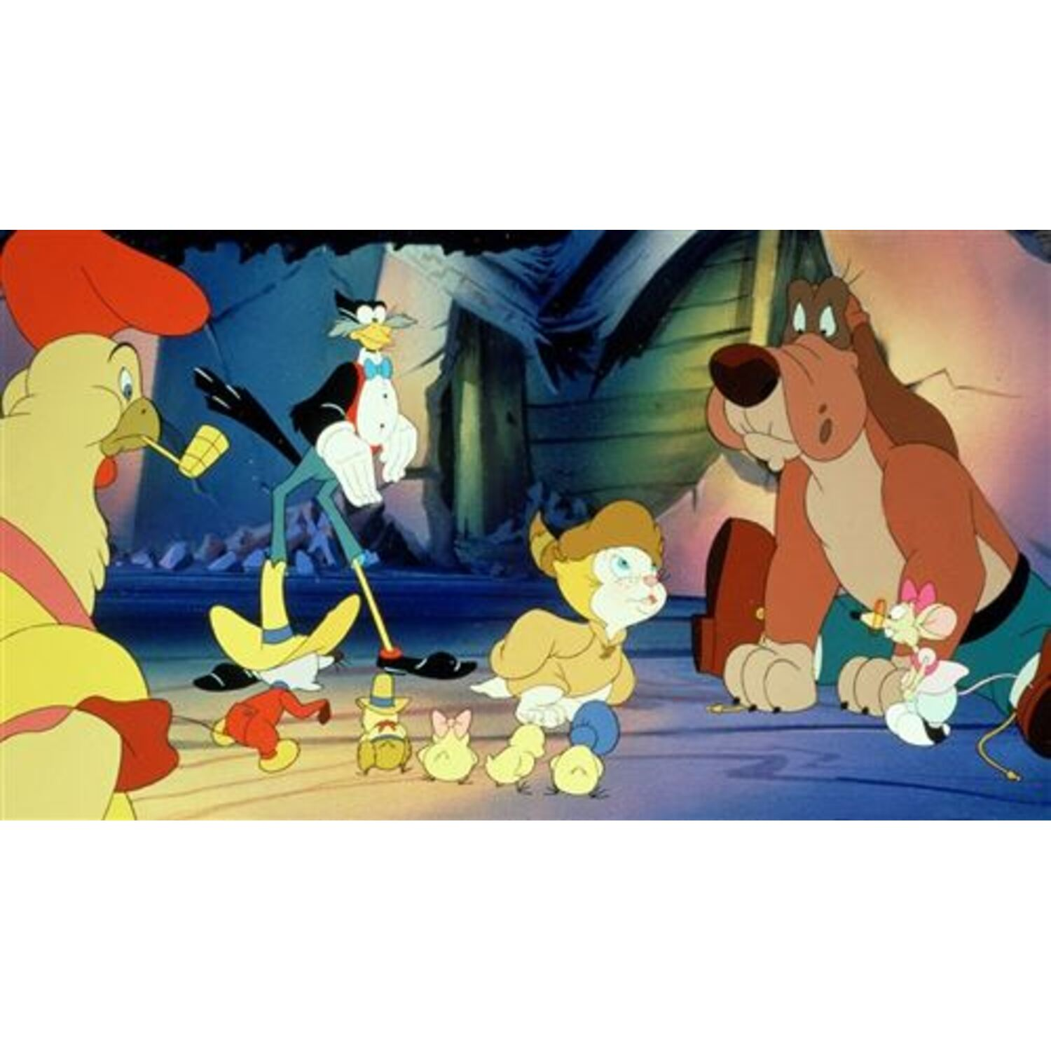 Cartoon characters gathered in a scene.