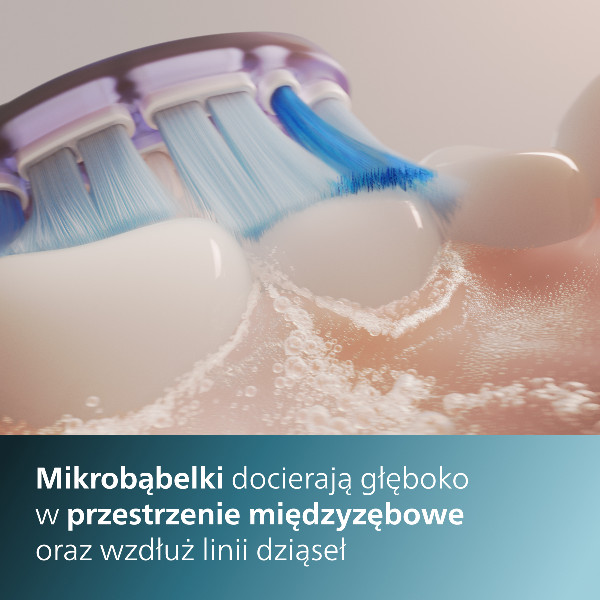 Szczoteczka do zębów czyści zęby, pokazując niebieskie włosie i zbliżenie akcji czyszczenia.