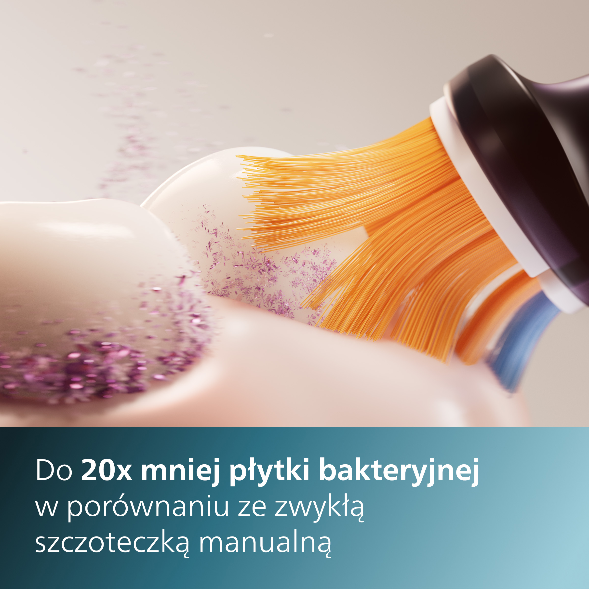 Zbliżenie szczoteczki do zębów działającej na zęby, z tekstem poniżej na niebieskim tle.