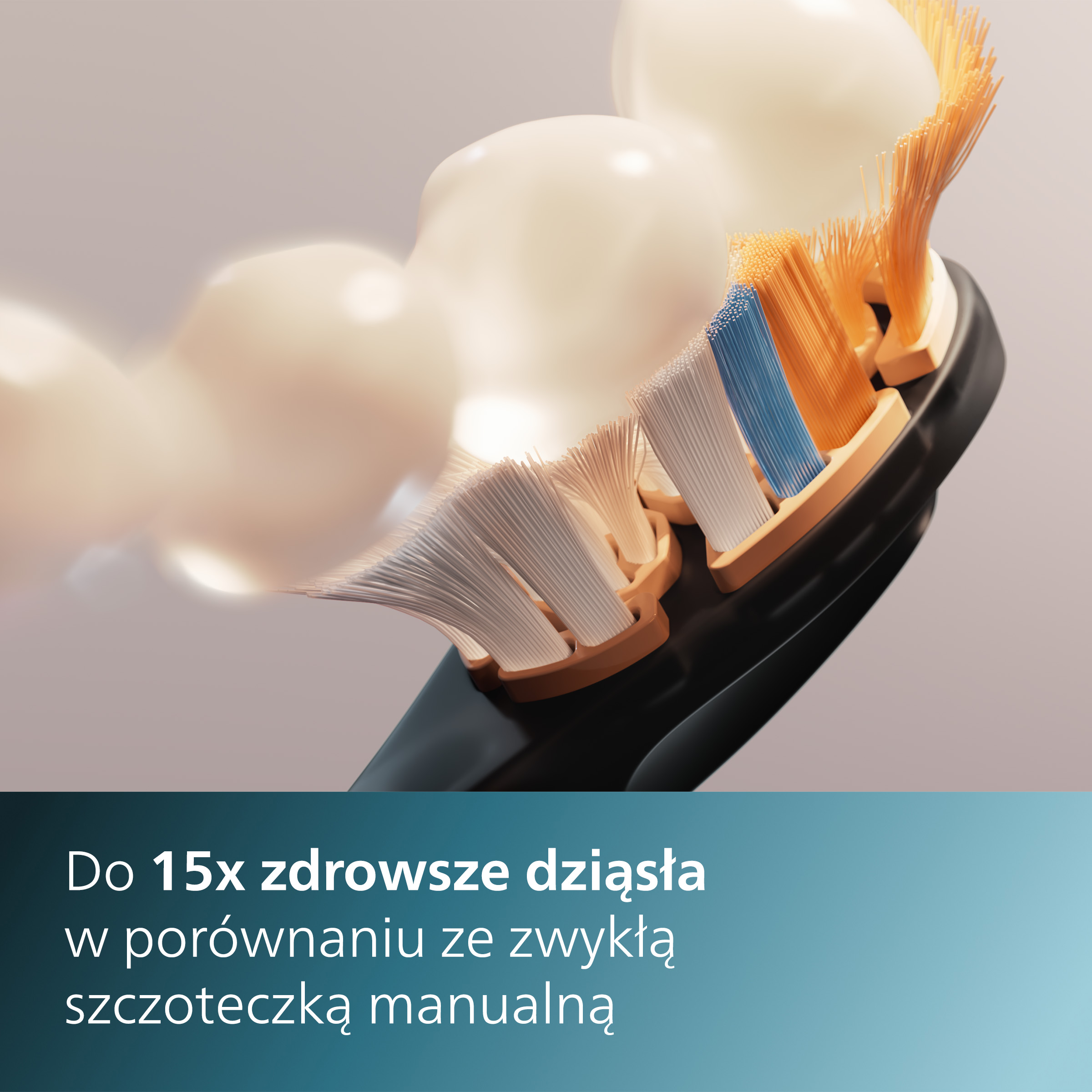 Zbliżenie główki szczoteczki do zębów z pastą i tekstem o zdrowych dziąsłach.