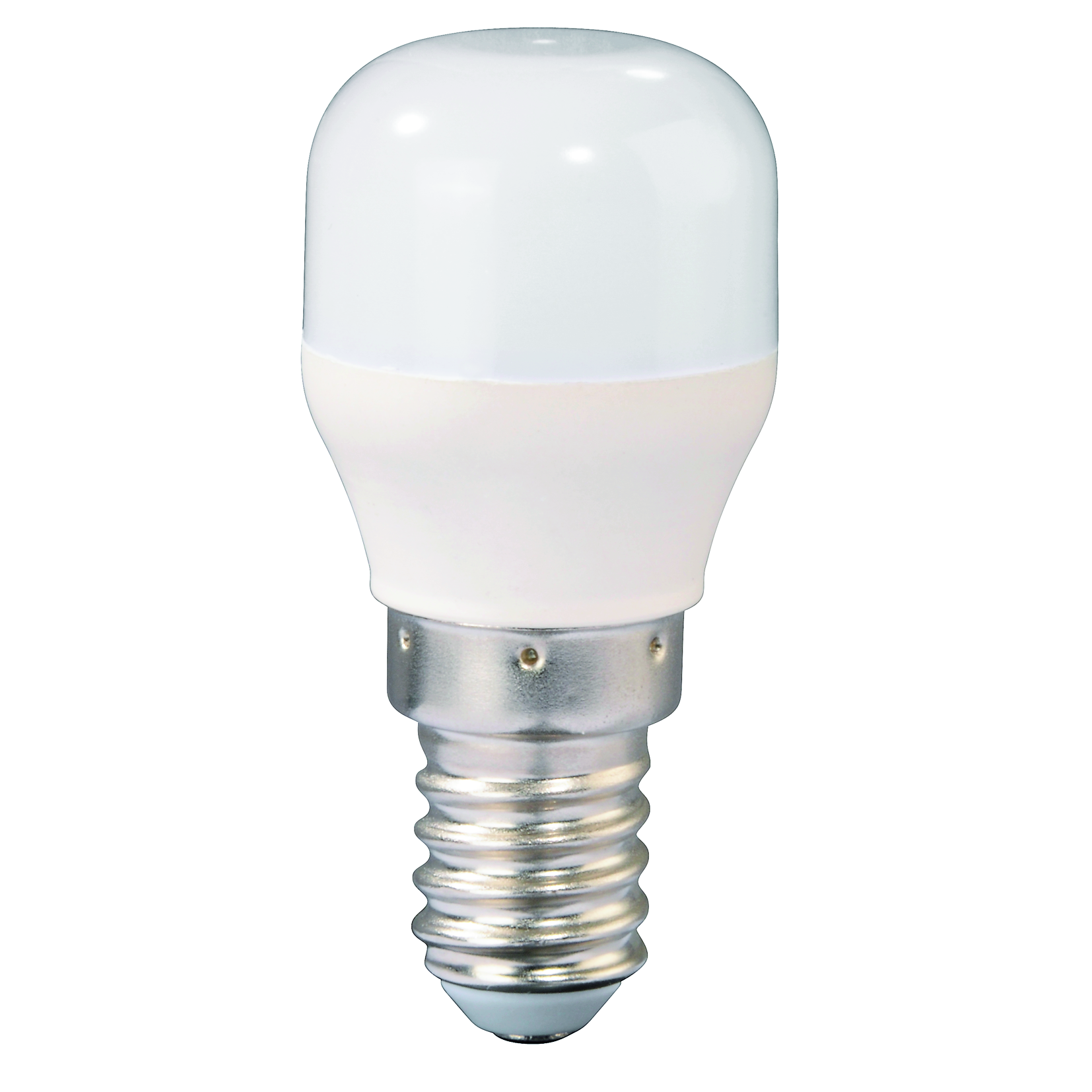 Weiße LED-Glühbirne mit silbernem Sockel. Die Glühbirne hat eine kleine, runde Form.