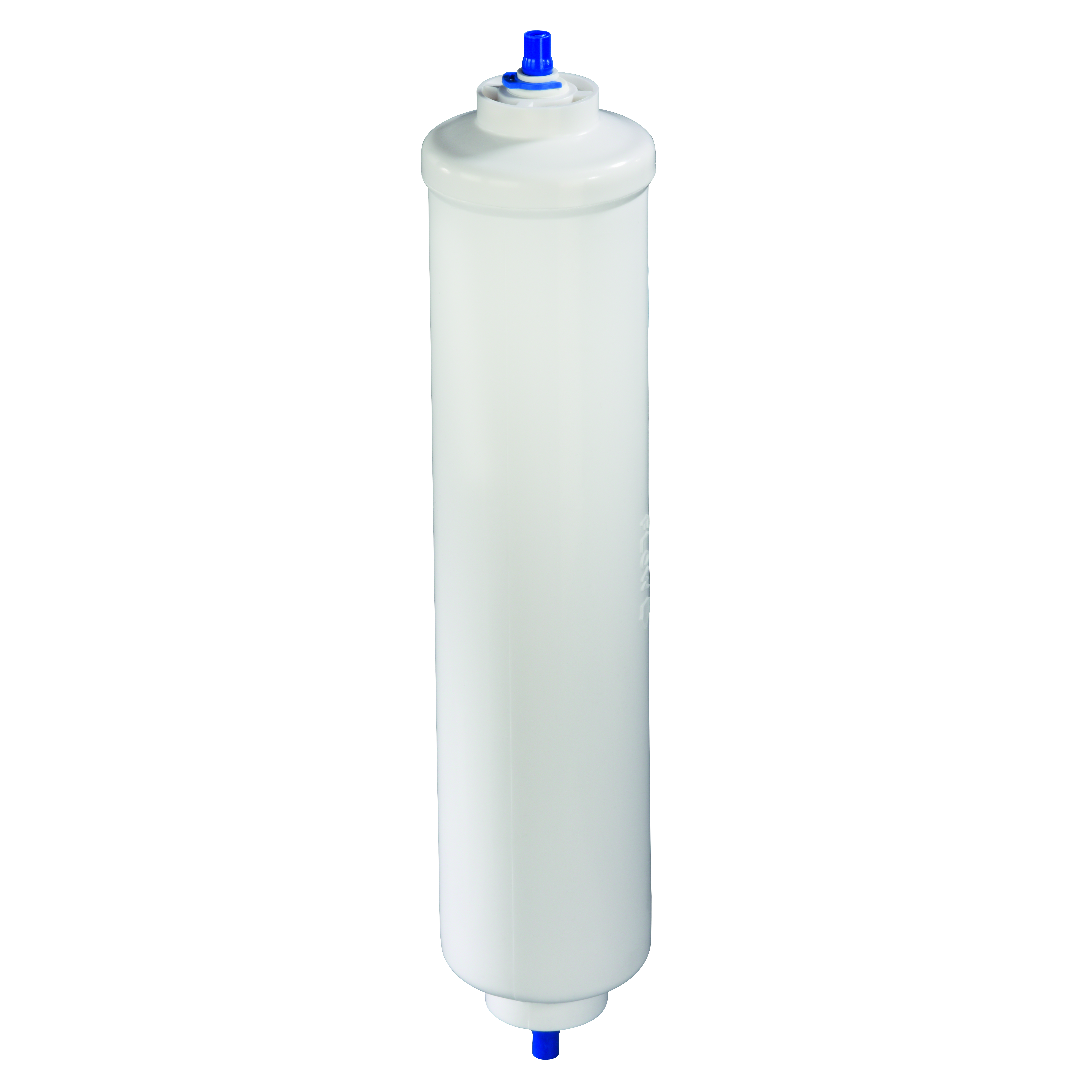 Weißer Wasserfilter mit blauen Kappen an beiden Enden.