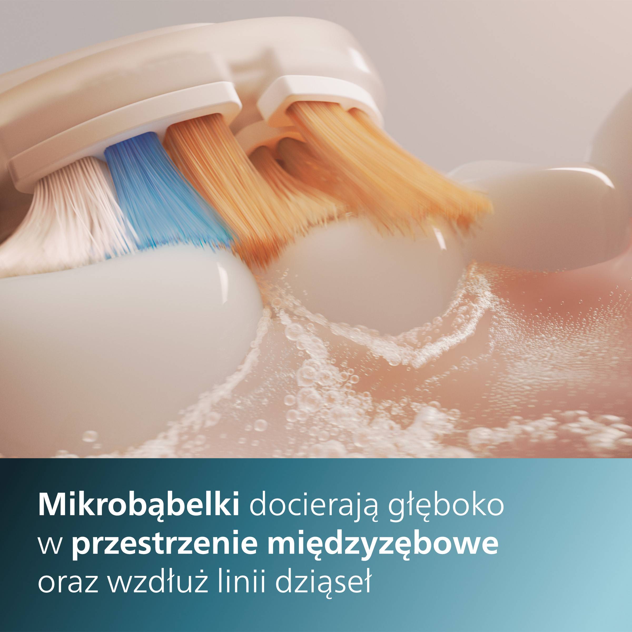 Zbliżenie szczoteczki do zębów czyszczącej zęby niebieskim, białym i pomarańczowym włosiem.
