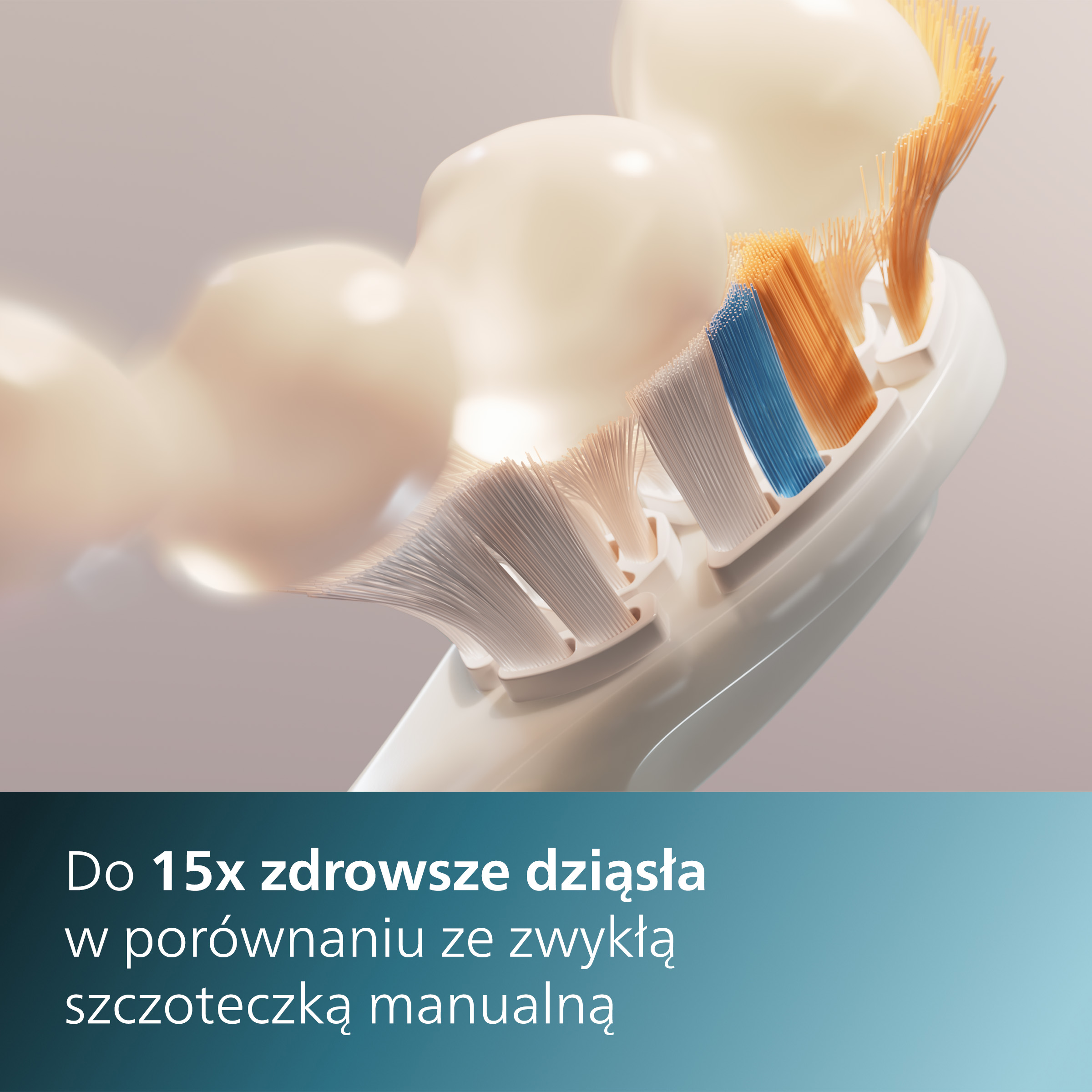 Zbliżenie główki szczoteczki do zębów z kolorowym włosiem.