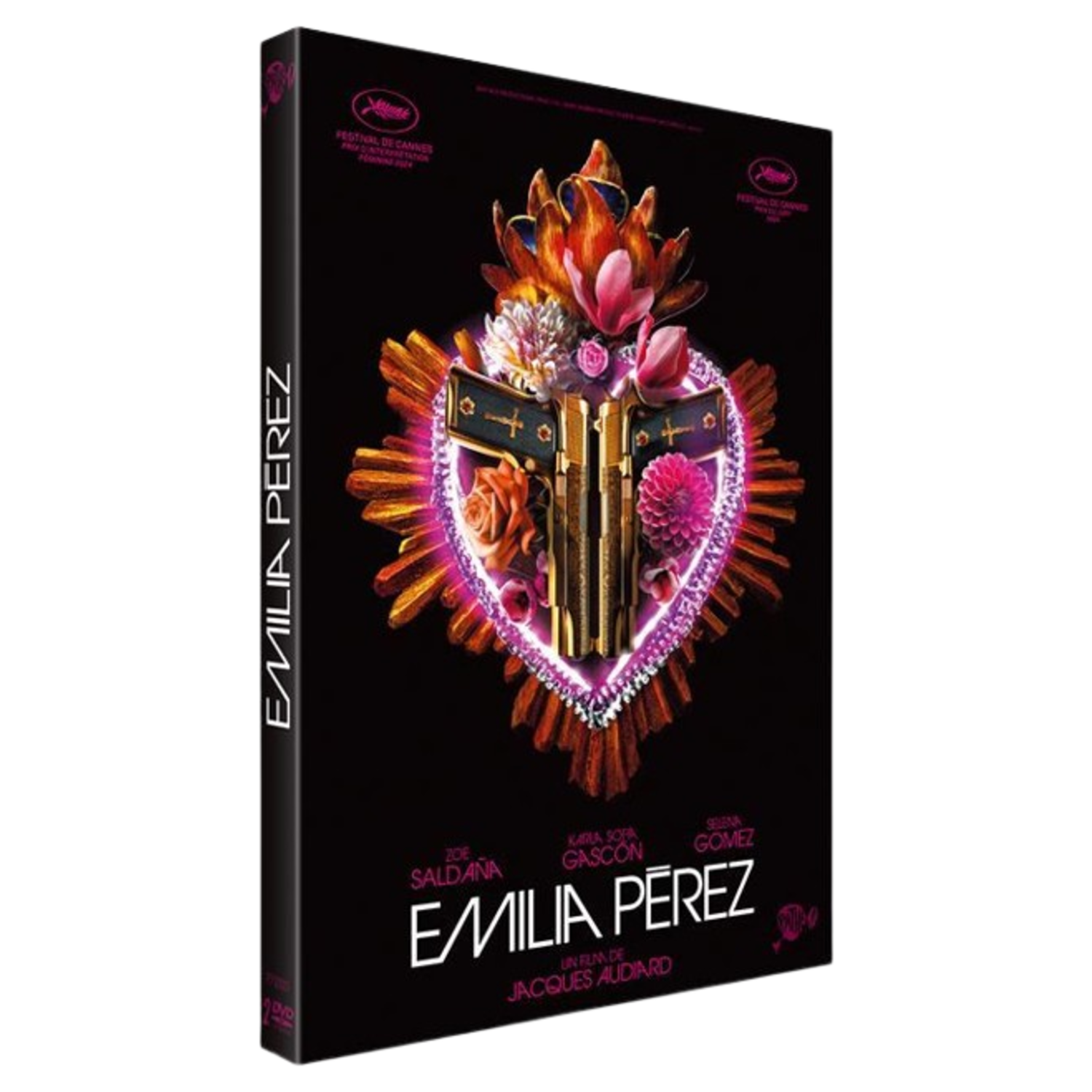 Boîtier DVD avec un cœur stylisé, des fleurs et deux pistolets.
