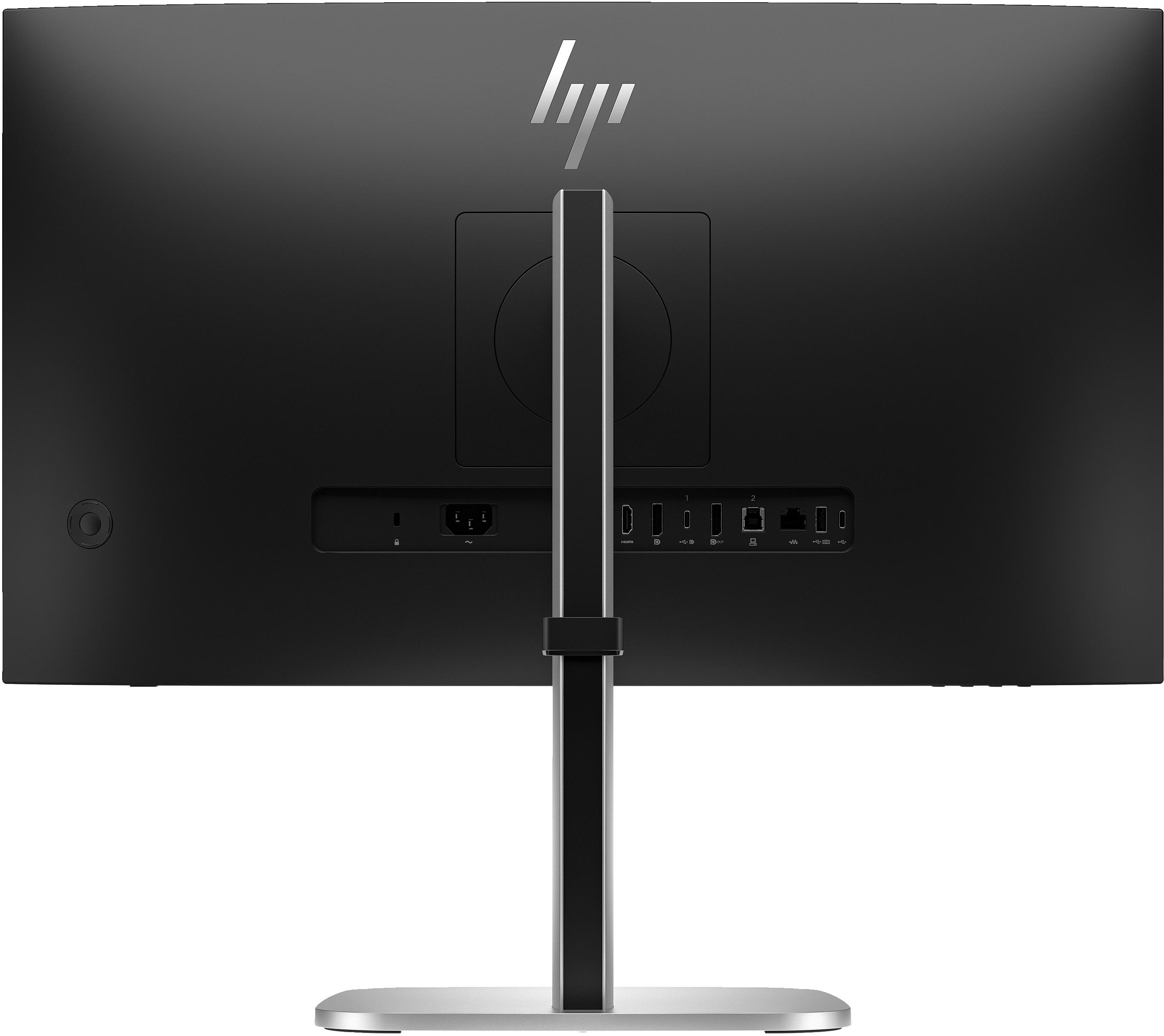 Die Rückseite eines HP-Monitors mit Ständer und verschiedenen Anschlüssen vor schwarzem Hintergrund.