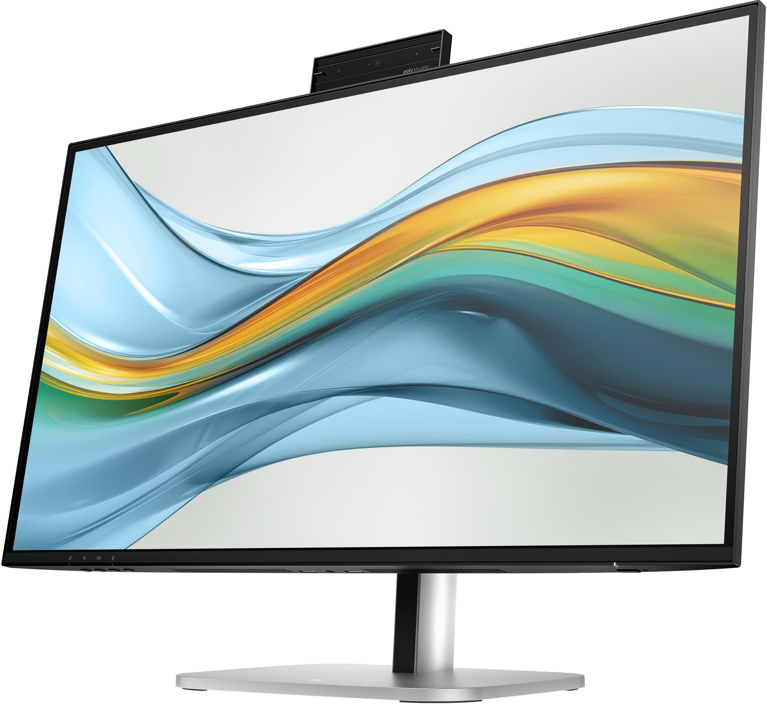 Ein geneigter Monitor mit Kamera oben zeigt ein farbenfrohes abstraktes Bild auf weißem Hintergrund.