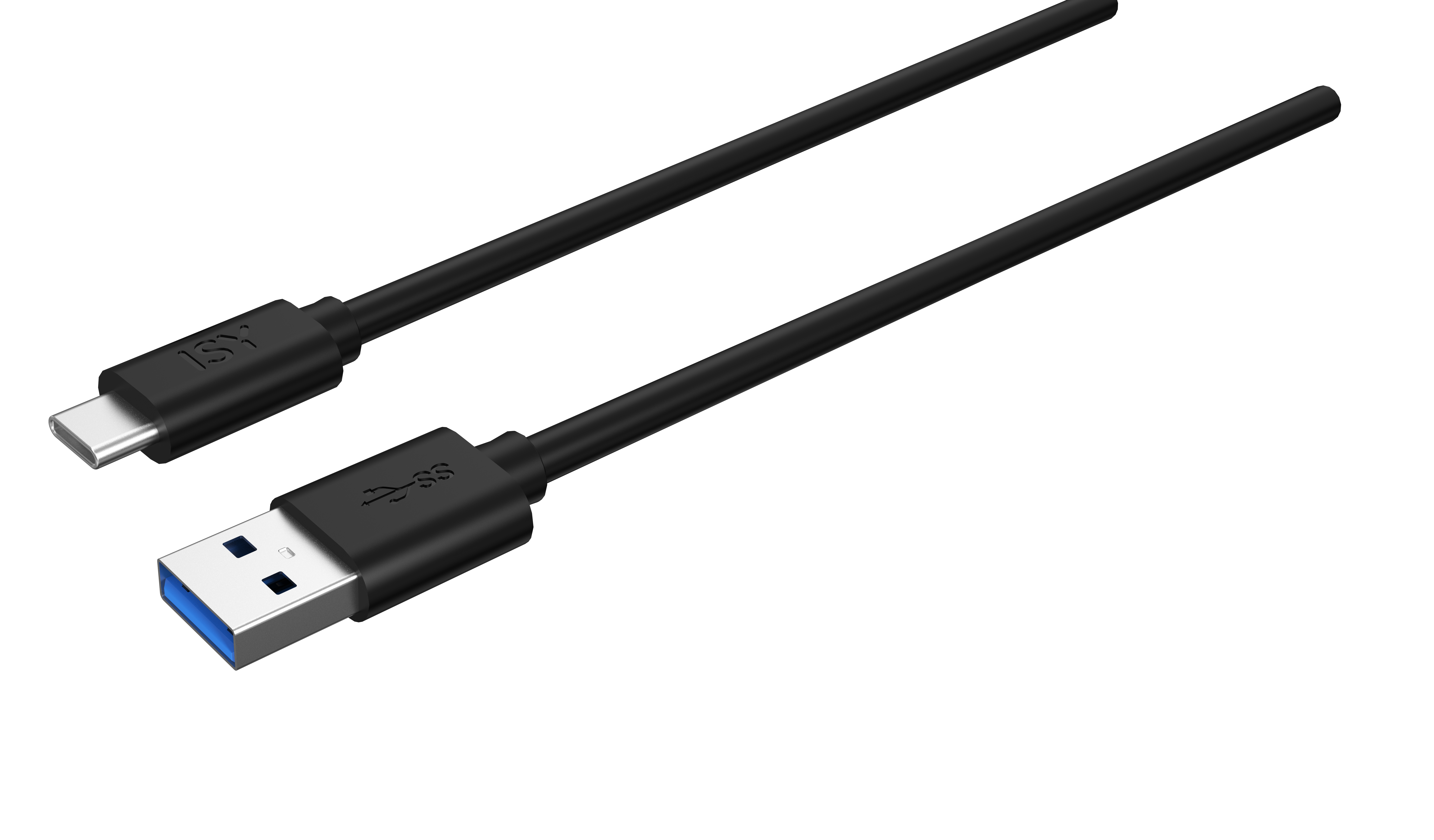 Schwarzes USB-C-zu-USB-3.0-Kabel mit Anschlüssen an jedem Ende, auf schwarzem Grund.