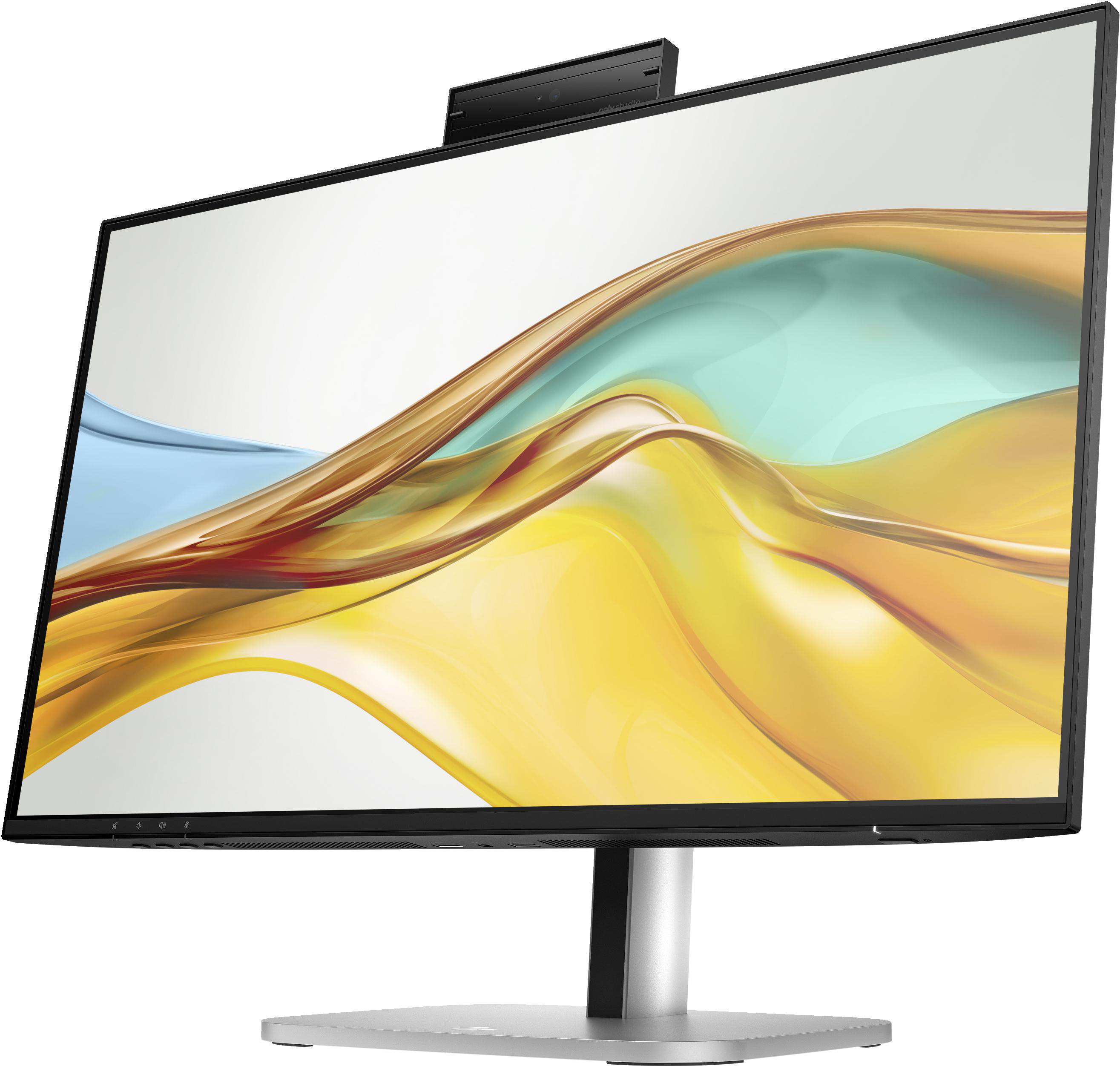 Monitor mit Webcam, schräge Ansicht, goldener und blauer abstrakter Hintergrund.