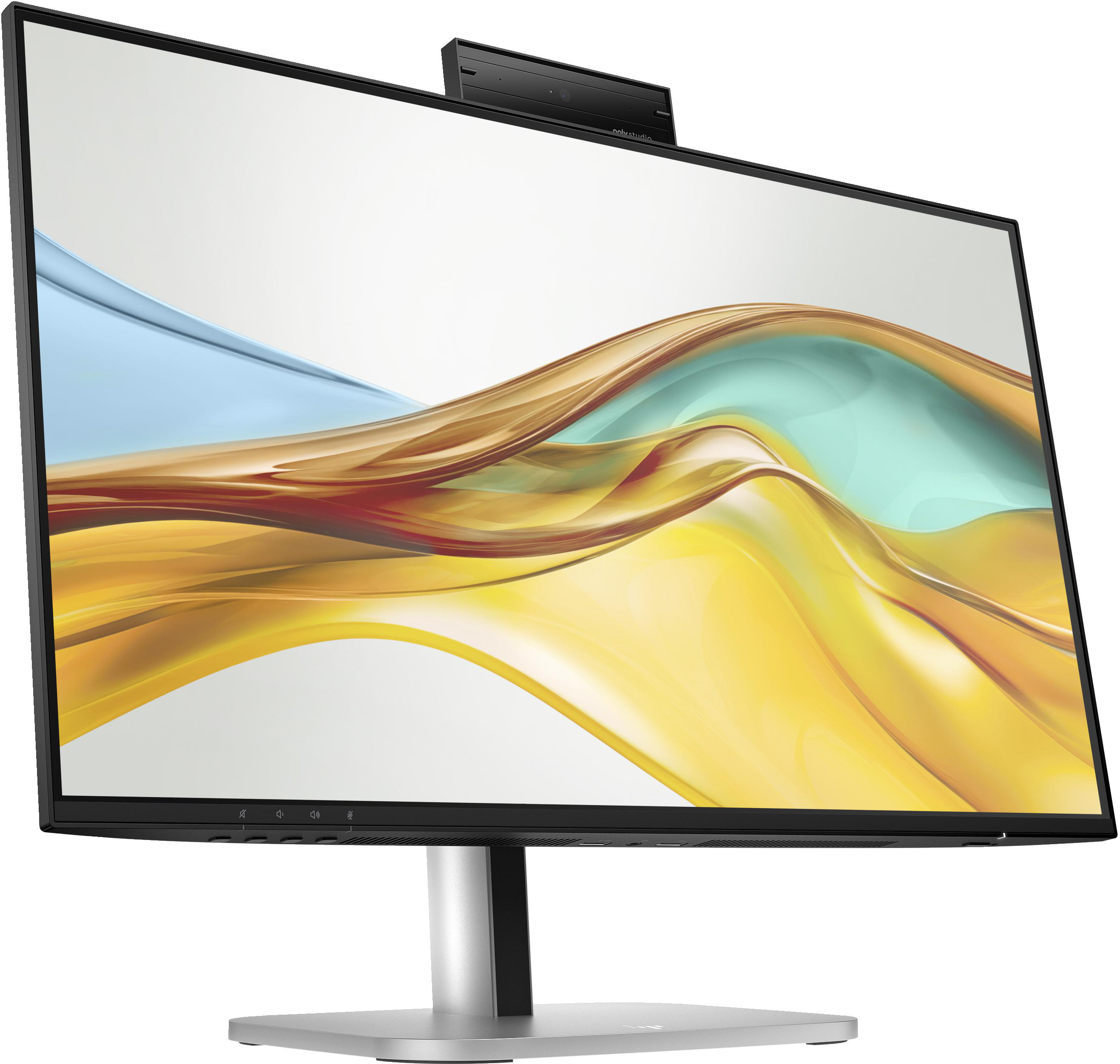 Computermonitor mit eingebauter Webcam. Der Bildschirm zeigt einen farbenfrohen, abstrakten Hintergrund.