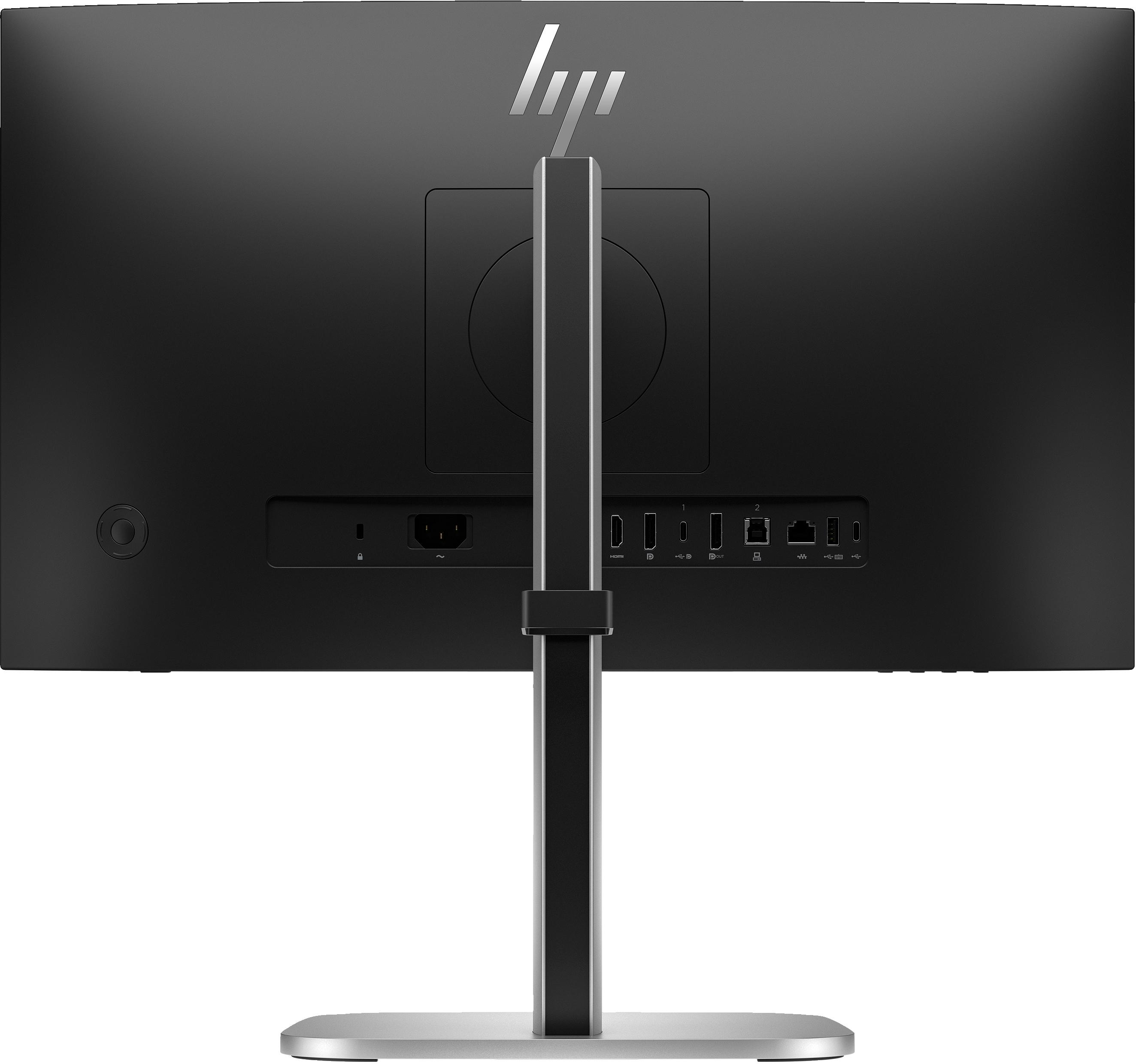 Rückansicht eines schwarzen HP-Monitors mit Anschlüssen und silbernem Ständer.