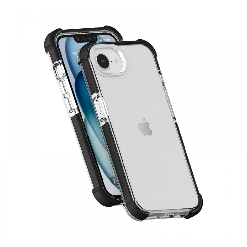 iPhone átlátszó tokban, fekete szélekkel. A második tok balra. Fehér háttér.