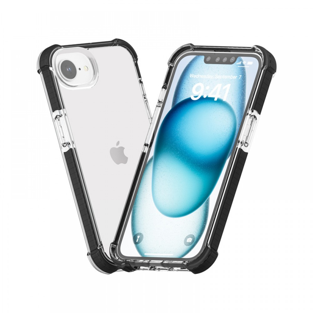 Átlátszó iPhone tok telefonnal. A tok fekete szegélyű. A telefonon a kezdőképernyő látható.