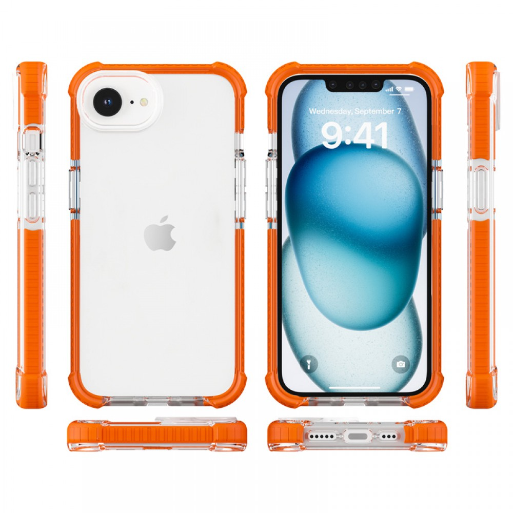 iPhone narancssárga és átlátszó védőtokban, különböző nézetek.