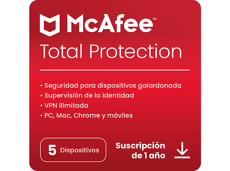 Antivirus - McAfee® Total Protection, Seguridad en Internet para 5 dispositivos (Windows®/Mac®/Android/iOS), Suscripción 1 año, Código de descarga