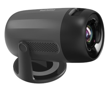 Czarny projektor Philips na białym tle. Ma zakrzywioną konstrukcję i obiektyw.