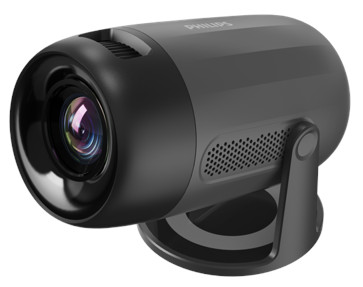 Ciemnoszary projektor z obiektywem, otworami wentylacyjnymi i podstawą stojaka.