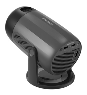 Szary projektor z czarnym stojakiem i białym tłem.