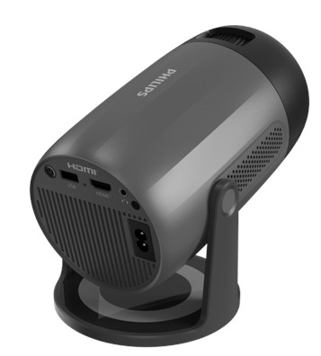 Ciemnoszary projektor Philips ze stojakiem, widoczne porty.