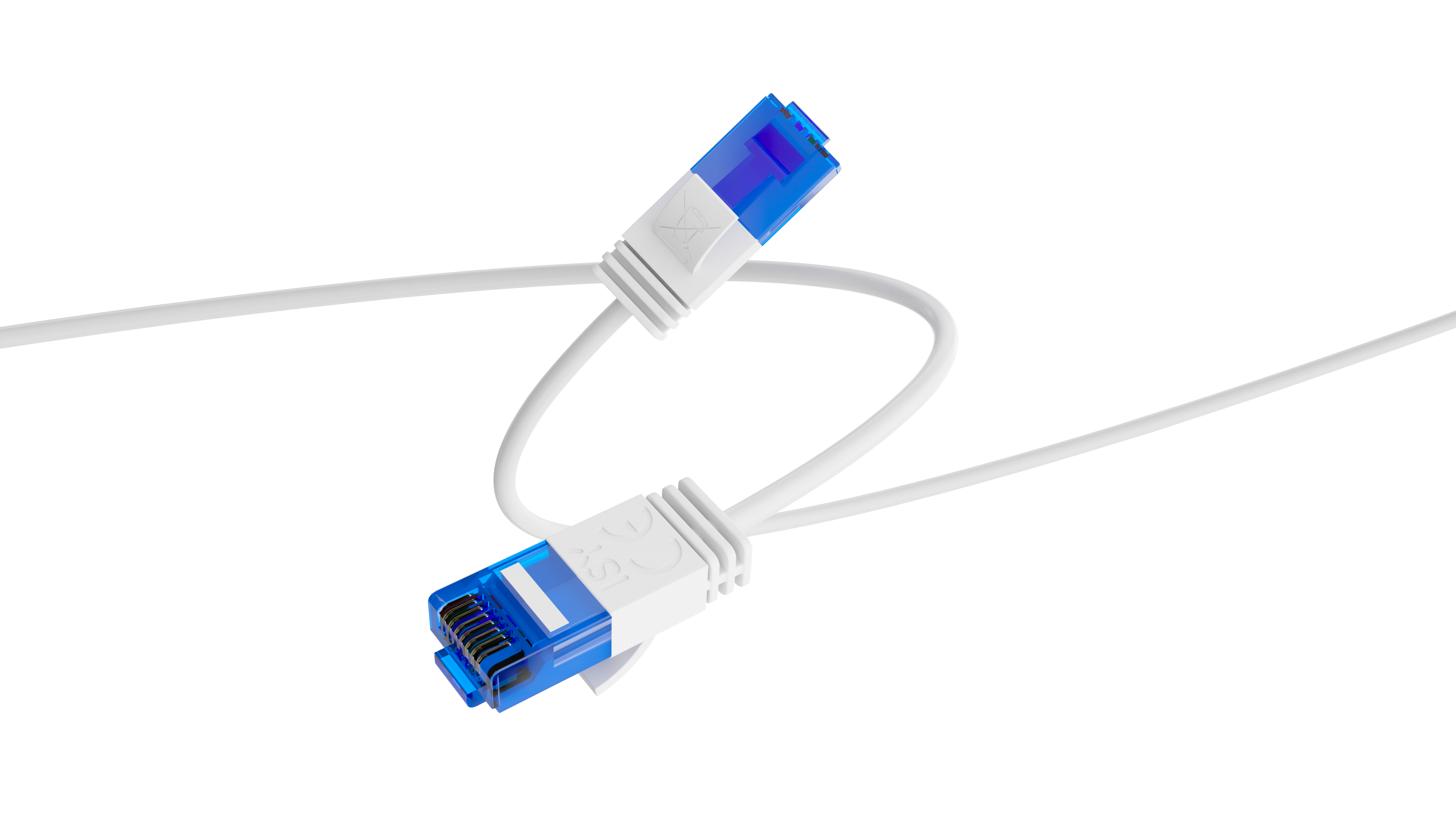 Dwa białe kable Ethernet z niebieskimi złączami, zakrzywione na czarnym tle.