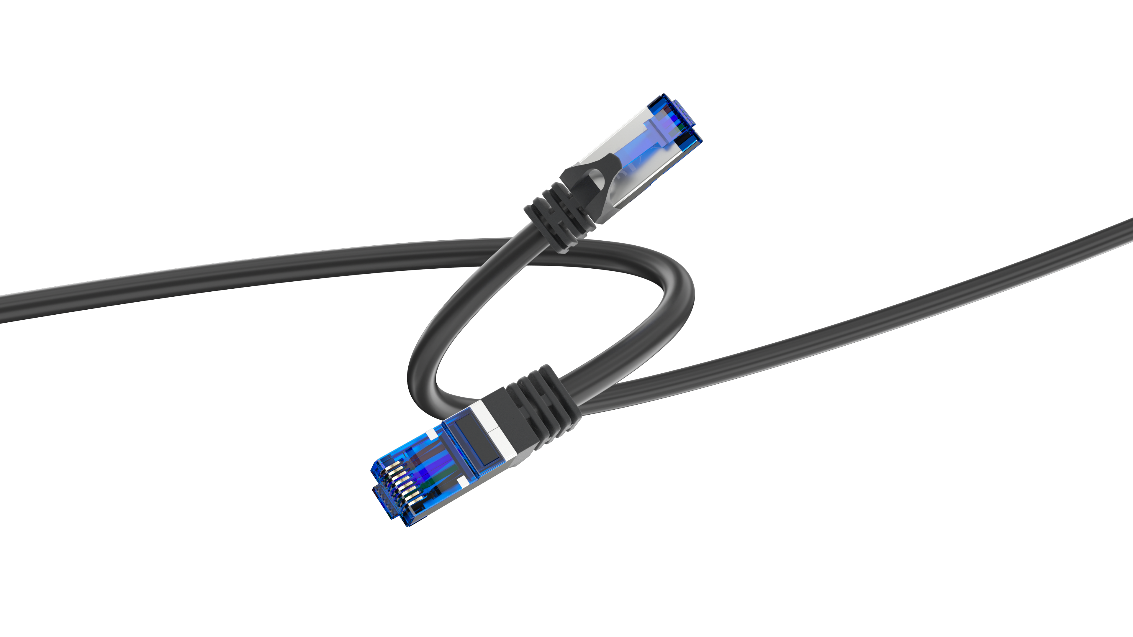 Ein schwarzes Netzwerkkabel mit blauen, durchsichtigen Steckern auf schwarzem Hintergrund.