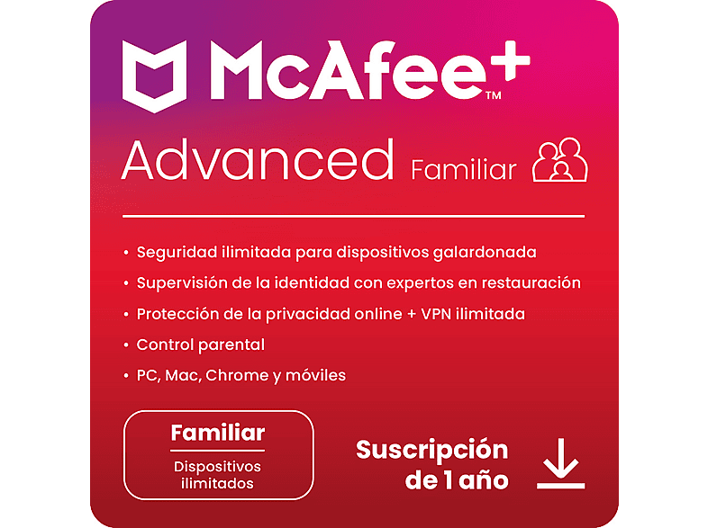 Antivirus - McAfee®+ AdvancedFamiliar, Seguridad en Internet, Dispositivos ilimitados (Windows/Mac/Android/iOS), Suscripción 1 año, Código de descarga