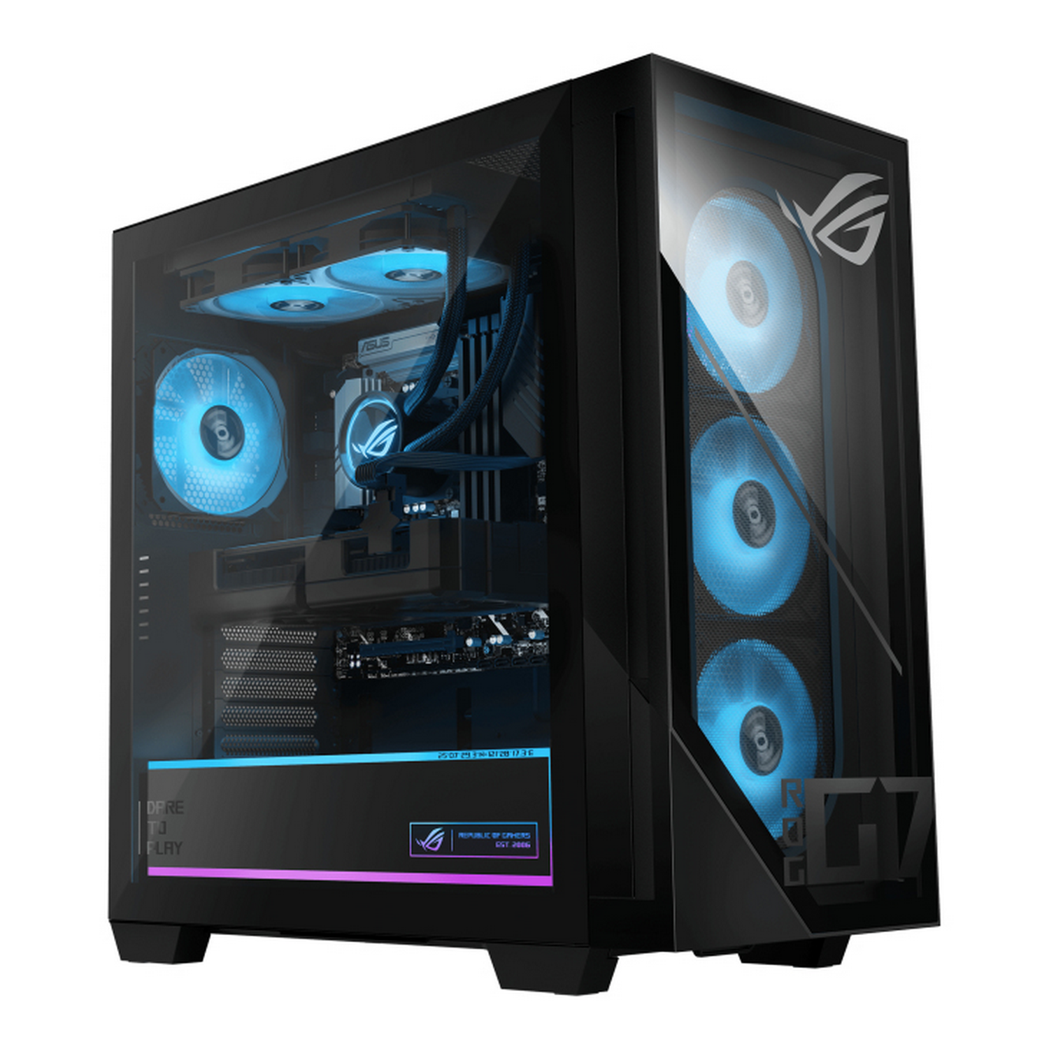 Ordenador de sobremesa negro con panel de vidrio, ventiladores iluminados en azul y logotipo ROG.