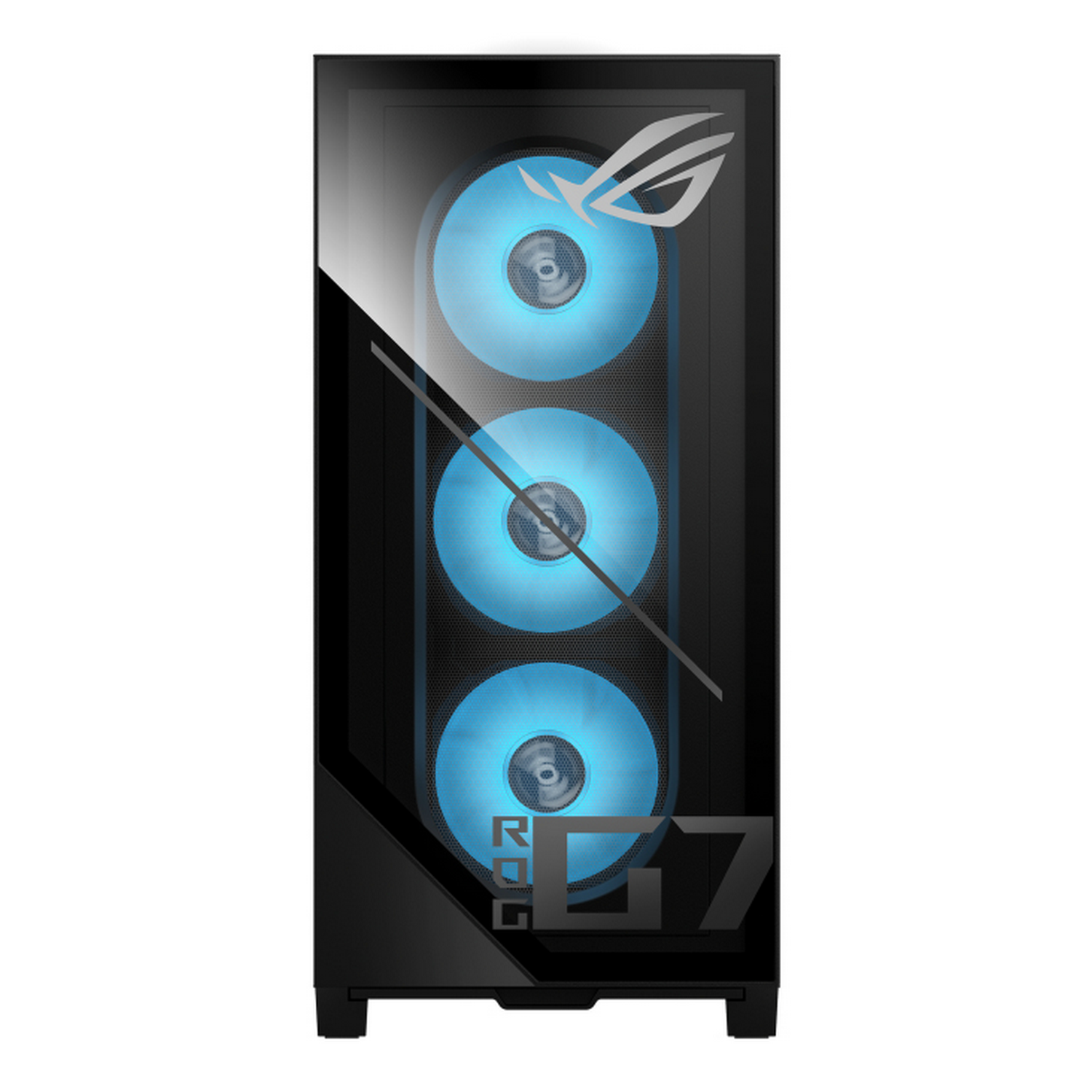 Una caja de computadora negra con tres ventiladores azules iluminados detrás de un panel de vidrio. El logotipo de ROG es visible.