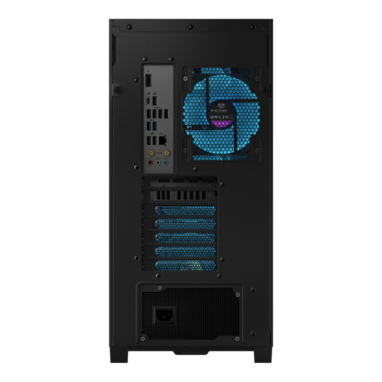 Parte posterior de una carcasa de computadora negra con varios puertos. Un ventilador azul es visible. Conector de alimentación en la parte inferior.
