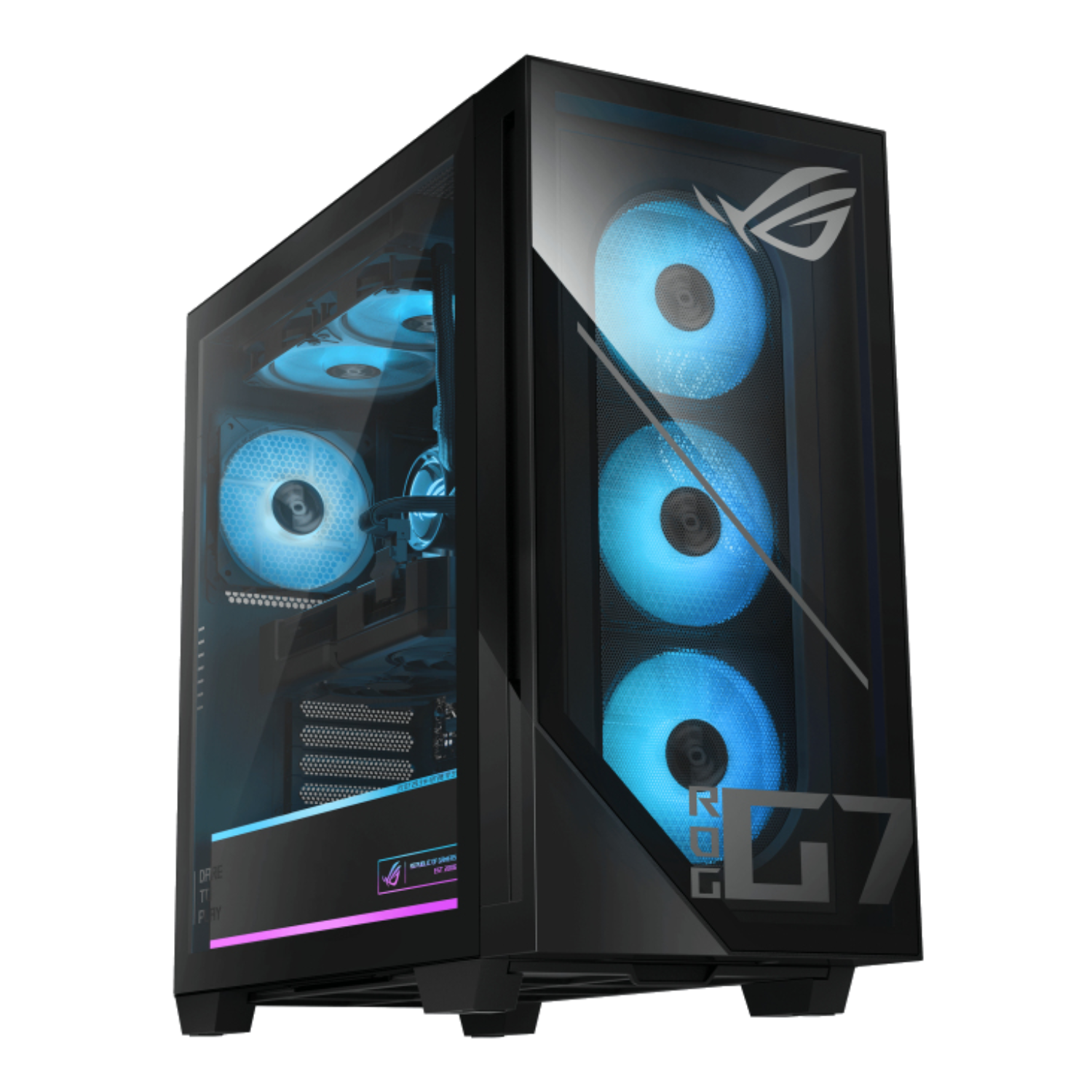 Una caja de computadora negra con ventiladores brillantes azules y el logotipo ROG, con fondo negro.