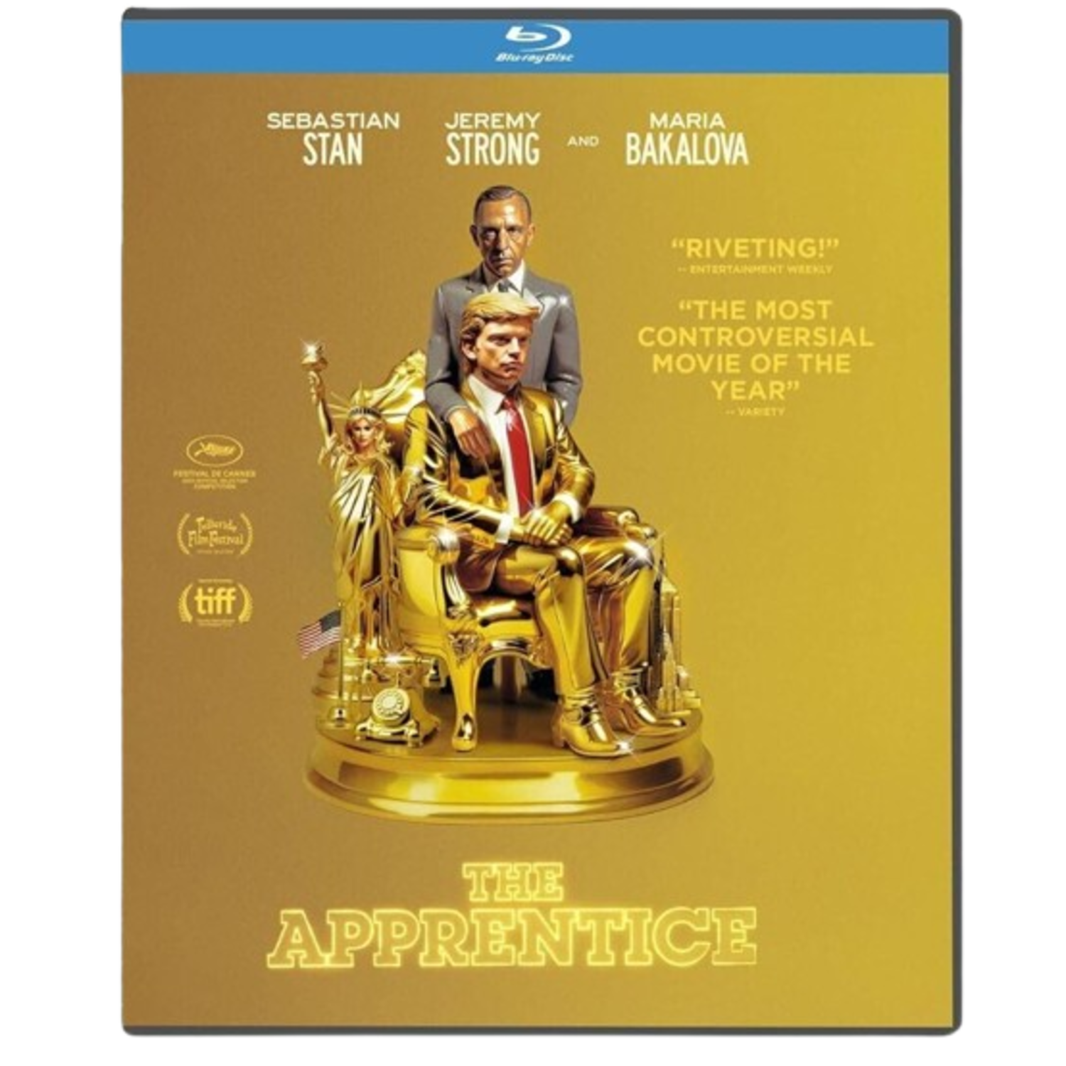 Couverture de film : Sebastian Stan, Jeremy Strong, Maria Bakalova. Fond doré. Titre : The Apprentice.