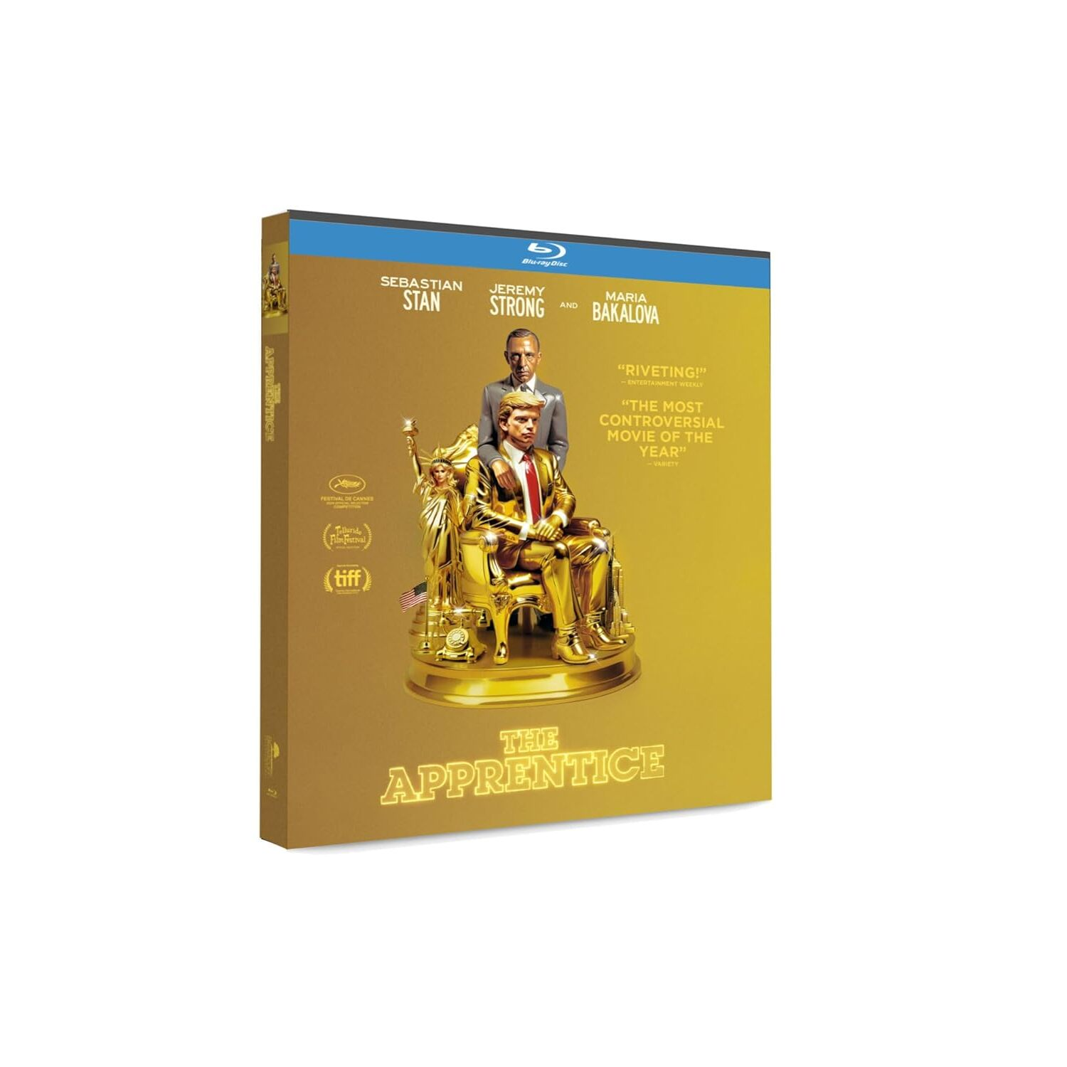 Un boîtier de DVD avec le titre 'THE APPRENTICE', avec Sebastian Stan et Jeremy Strong.
